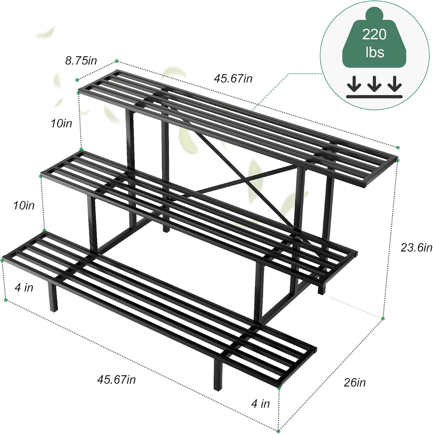 Zhongma 3 Tier Sturdy Metal Plant Stand, L45.67 x W26 x H23.6 inch, Heavy Duty Plant Holder for Home Indoor and