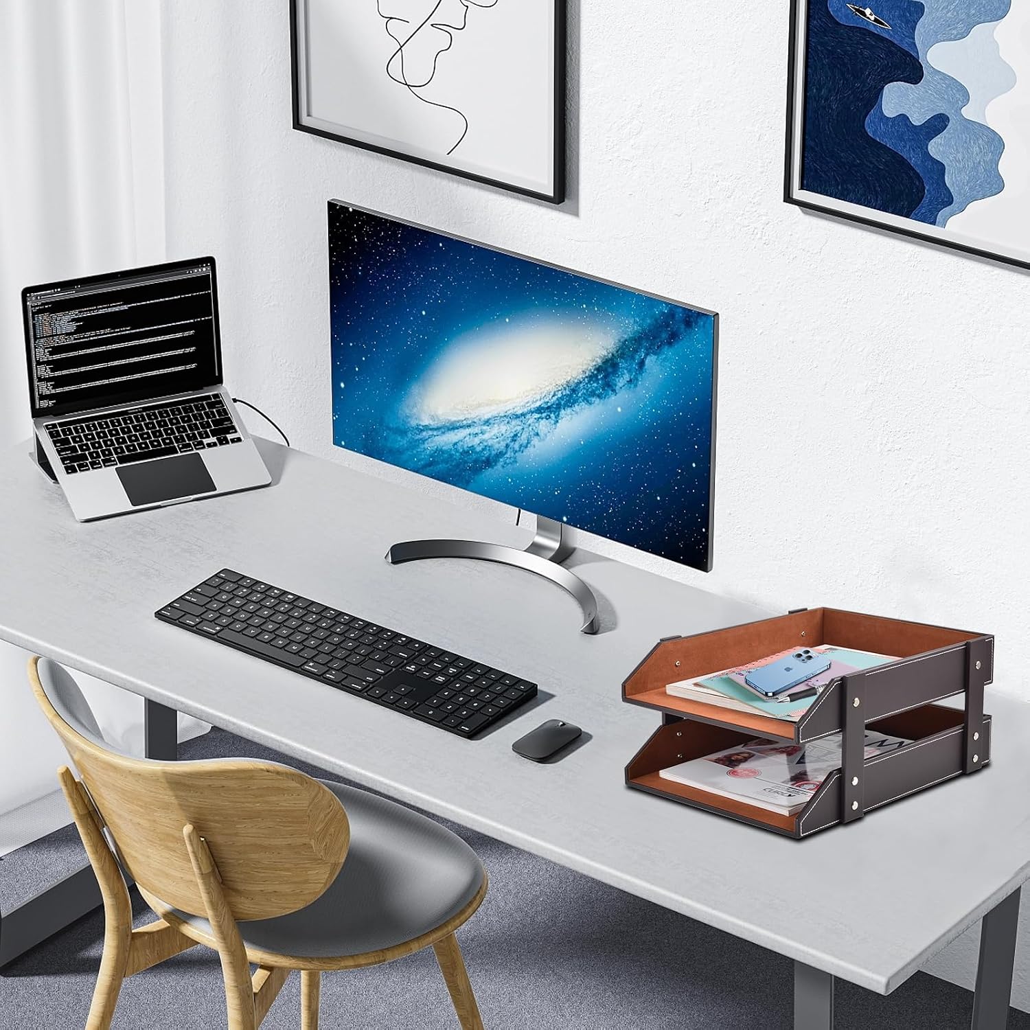 Leather Desk Organizer,2-Tier Stackable Letter Tray Holder,Office Supplies Desktop Storage Box for