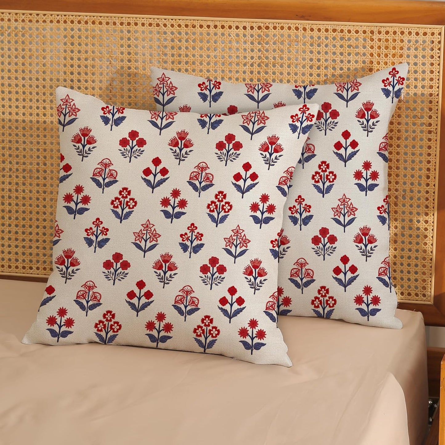 4th of July Pillow Covers Red Blue / 18 x 18 / 4th of July Red Blue Block Print Floral / Set of 2
