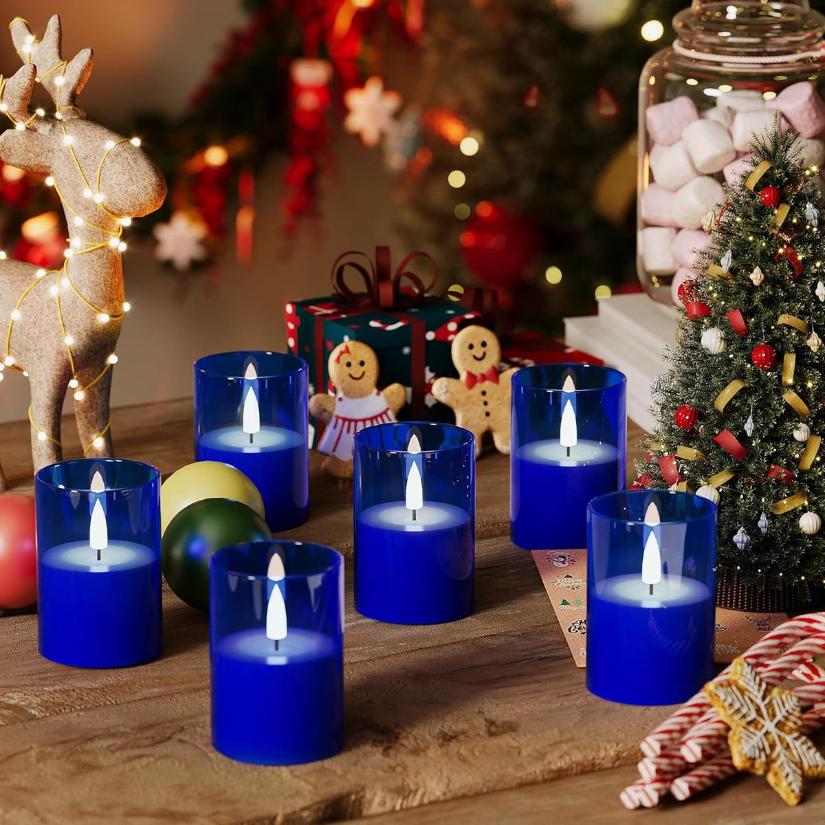 12Pack Flameless LED Candles with Timer, Battery Operated, Blue, 2"x3" | Small Pillar & Votive Candle with Realistic