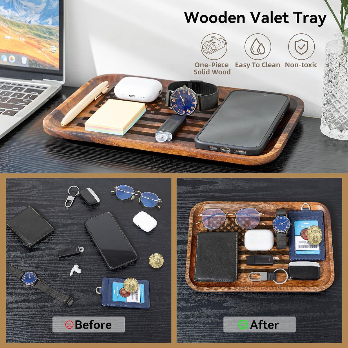 2PCS American Flag Serving Acacia Wood Valet Tray for Men Women Catch All Acacia Wooden Tray Gift, Mens Key Tray
