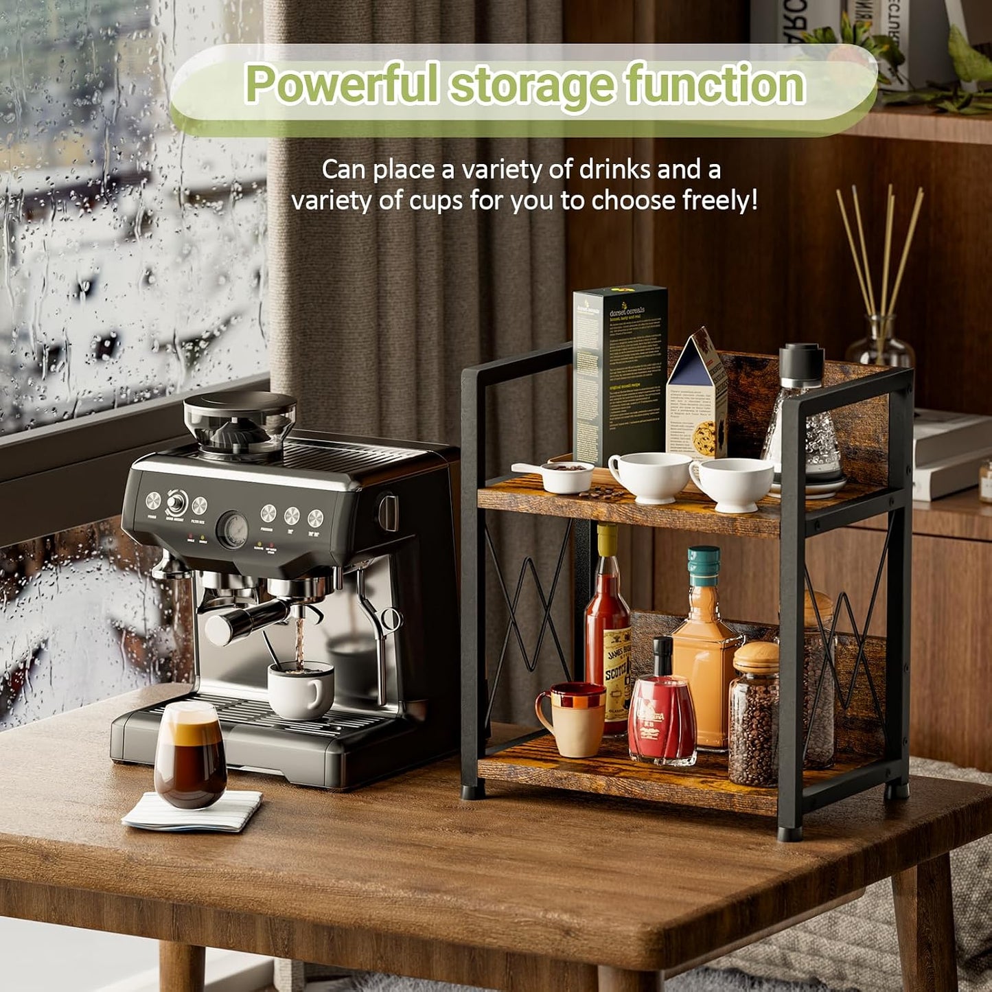 Aduanbang Coffee Bar Accessories Organizer, 2 Tier Wooden Kitchen Counter Shelf, Coffee Organizer Station for