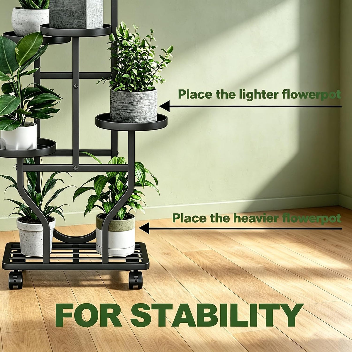 Plant Stand with Wheels, Black 5 Tier Metal Plant Shelf for Indoor Outdoor | Corner Plants Stand Indoor for Bedroom