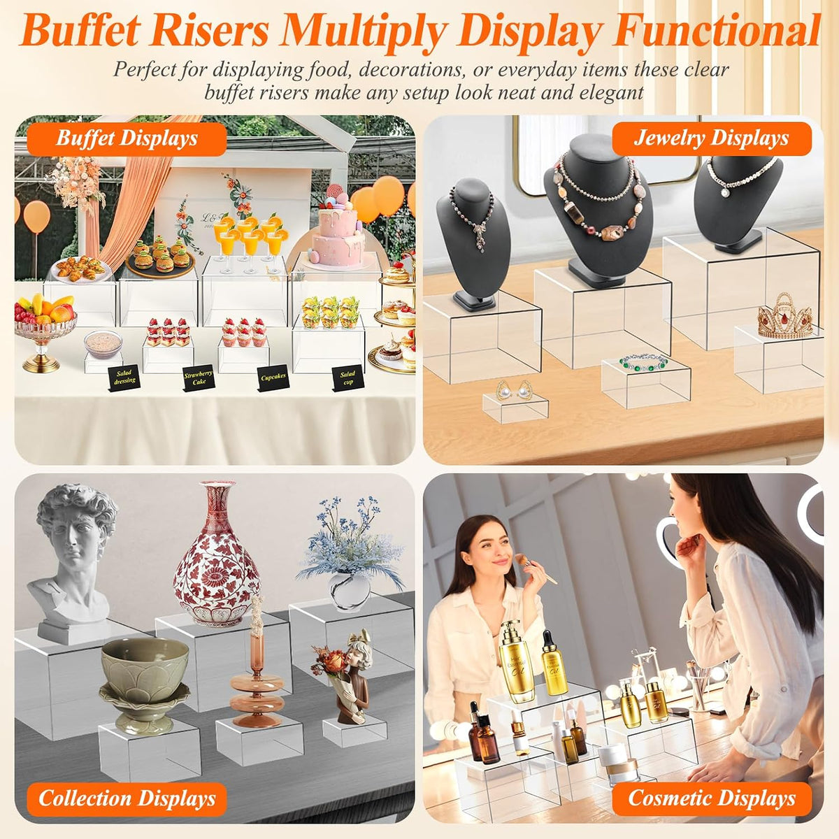 8 Pcs Clear Acrylic Buffet Risers with Mini Sign and Maker,Buffet Risers and Stands Clear Food Display Risers for