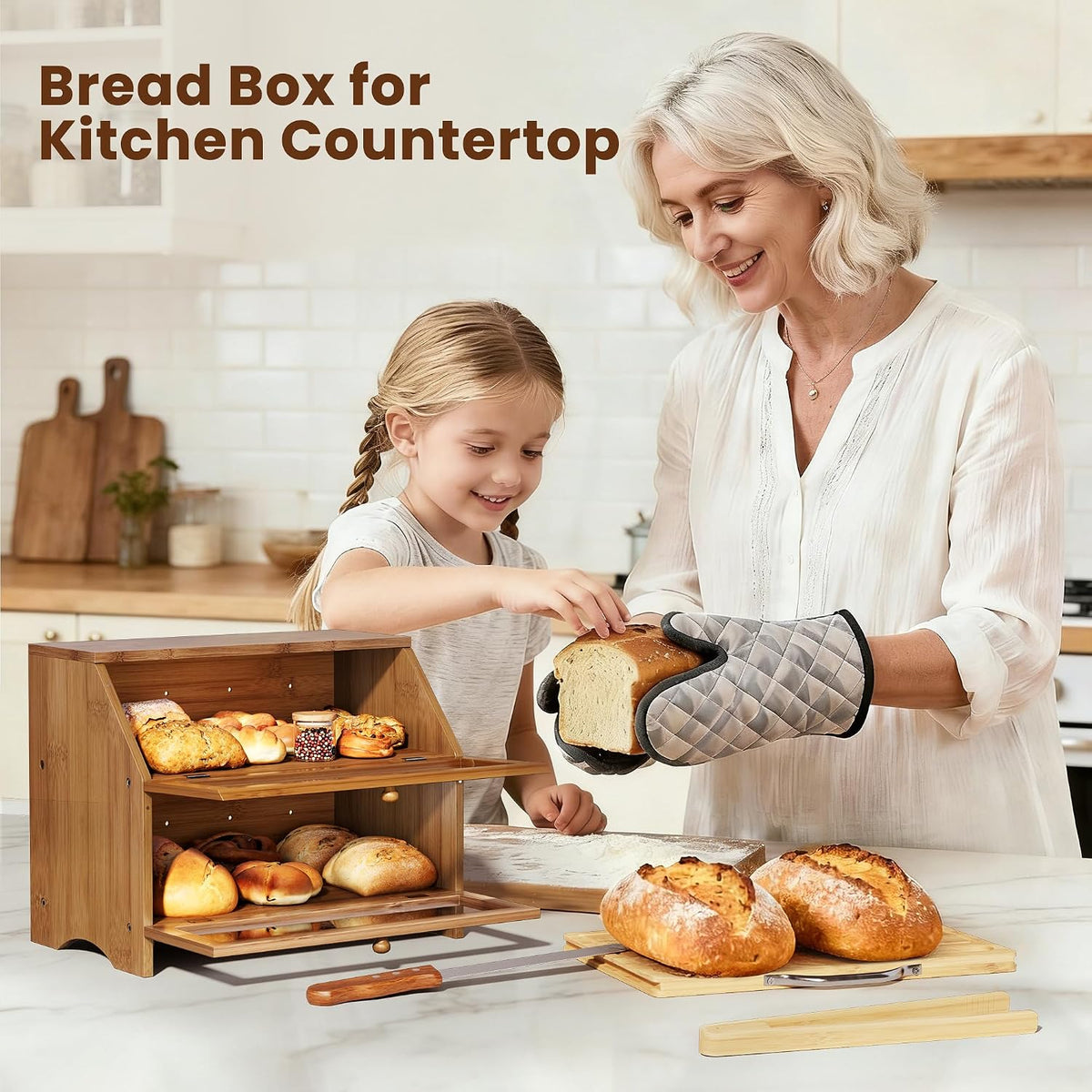 MAISONPEX Double Layer Bamboo Bread Box for Kitchen Countertop, Large Capacity, Cutting Board, Stainless Steel Bread