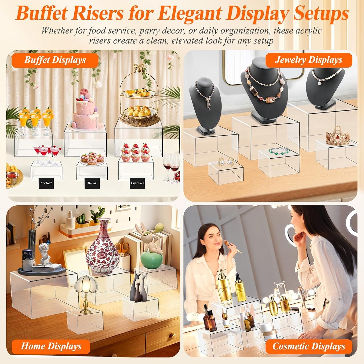 8 Pcs Clear Acrylic Buffet Risers with LED Fairy Lights, Acrylic Food Risers with Mini Sign and Maker, Clear Buffet