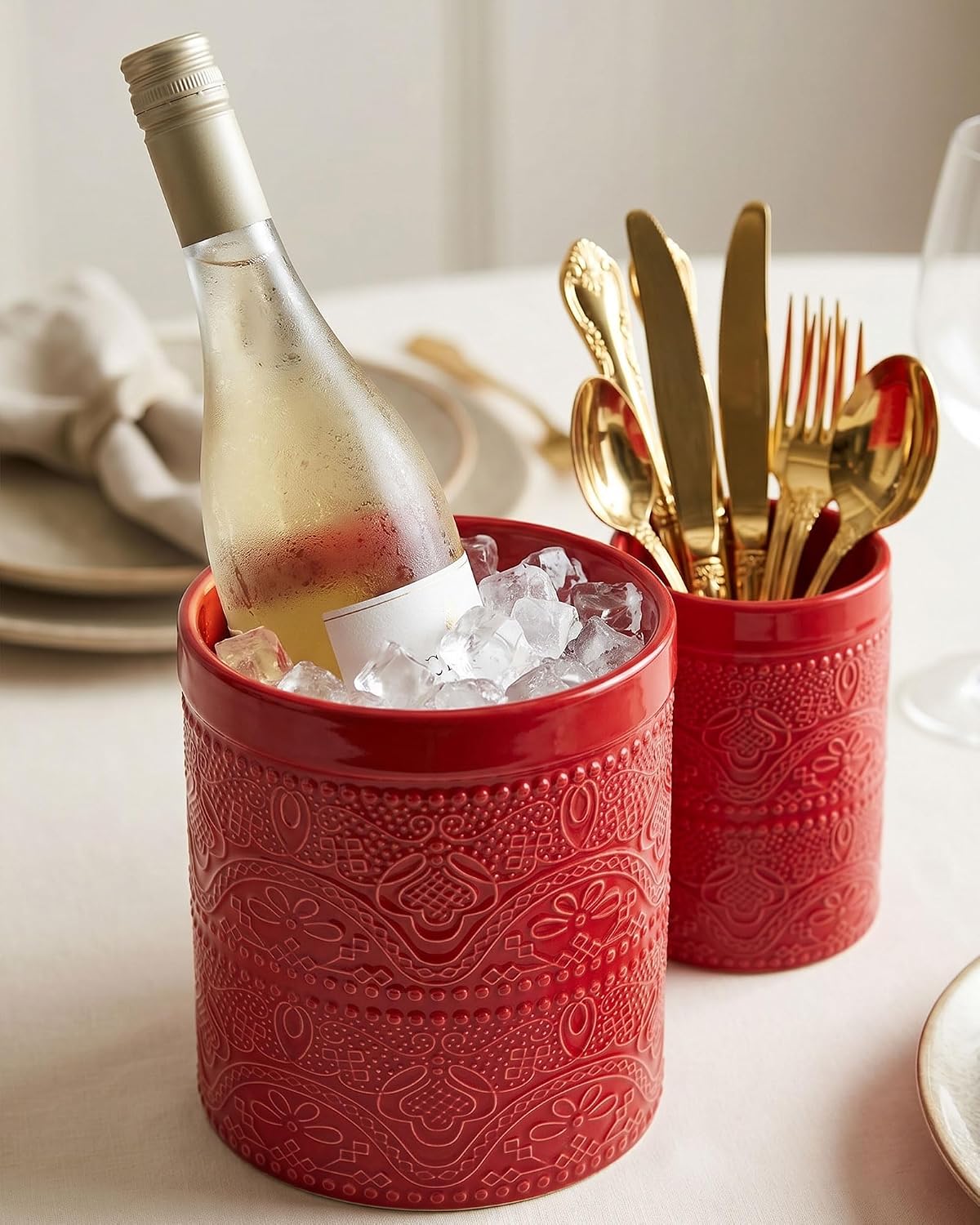 Kitchen Utensil Holder, 7.2+5.5" Super Large Utensil Crock Heavy and Stable Lace Emboss Ceramic Utensil Holder for