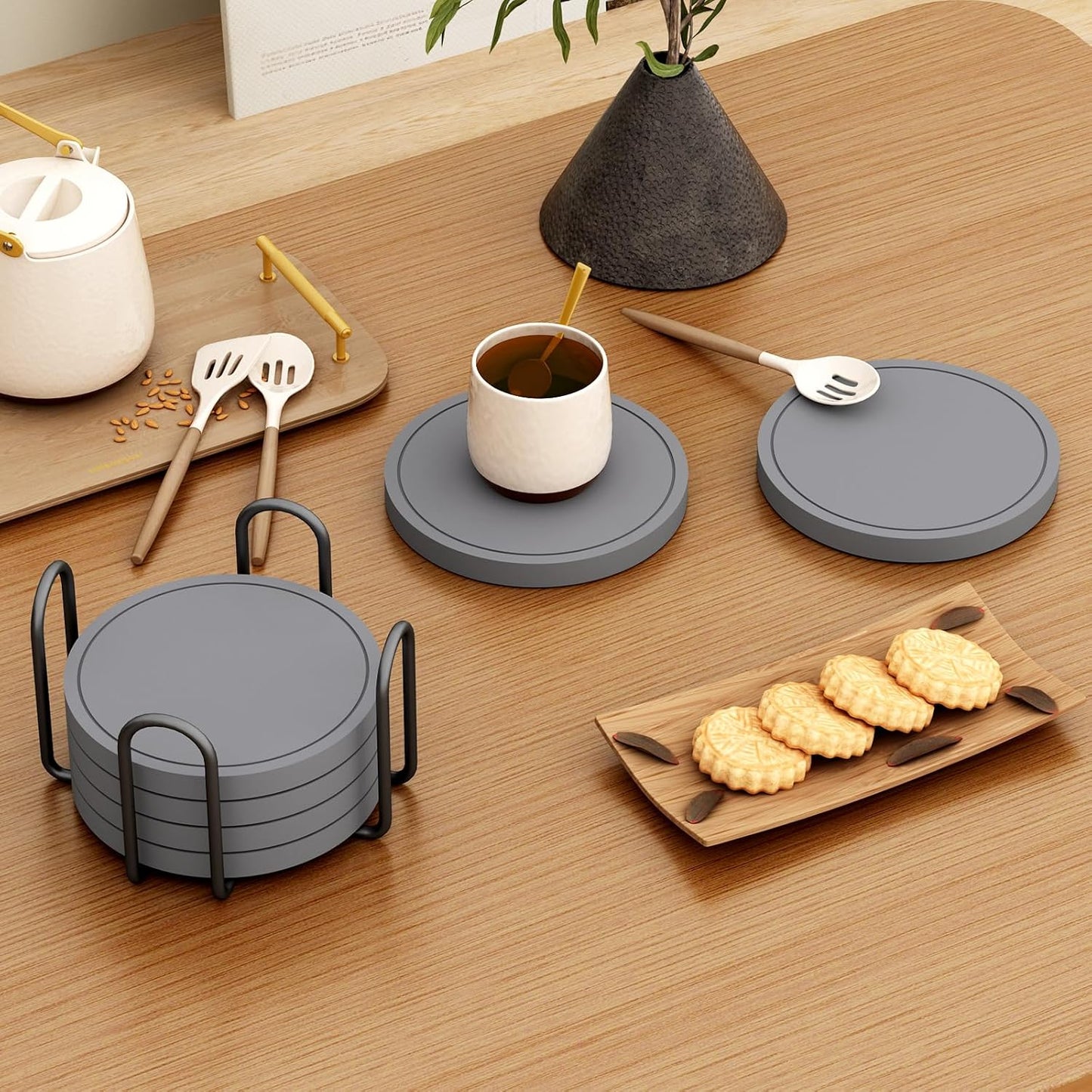 Holder / Super Absorbent Diatomaceous Earth Coasters Set / Gray / 4 Inch / Set of 6
