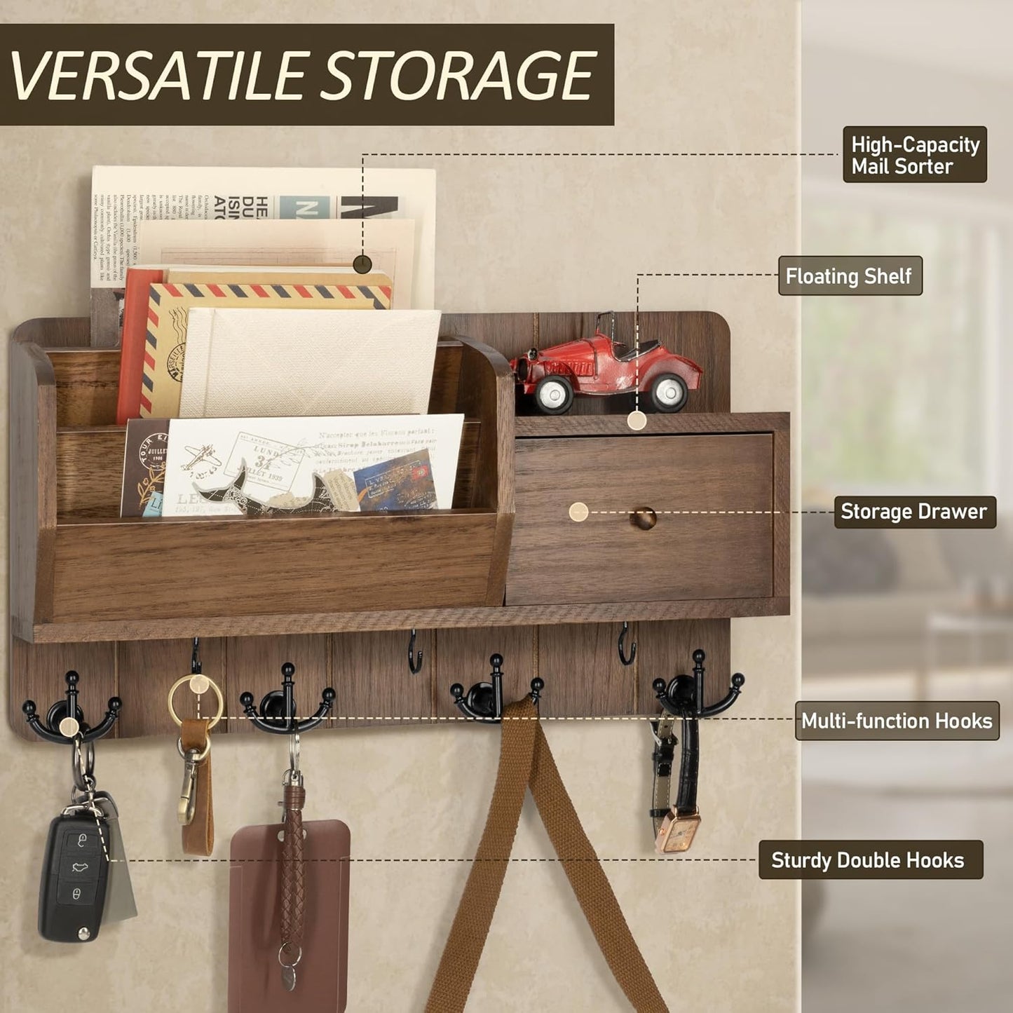 Storage Hooks and Drawer for Modern / Brown