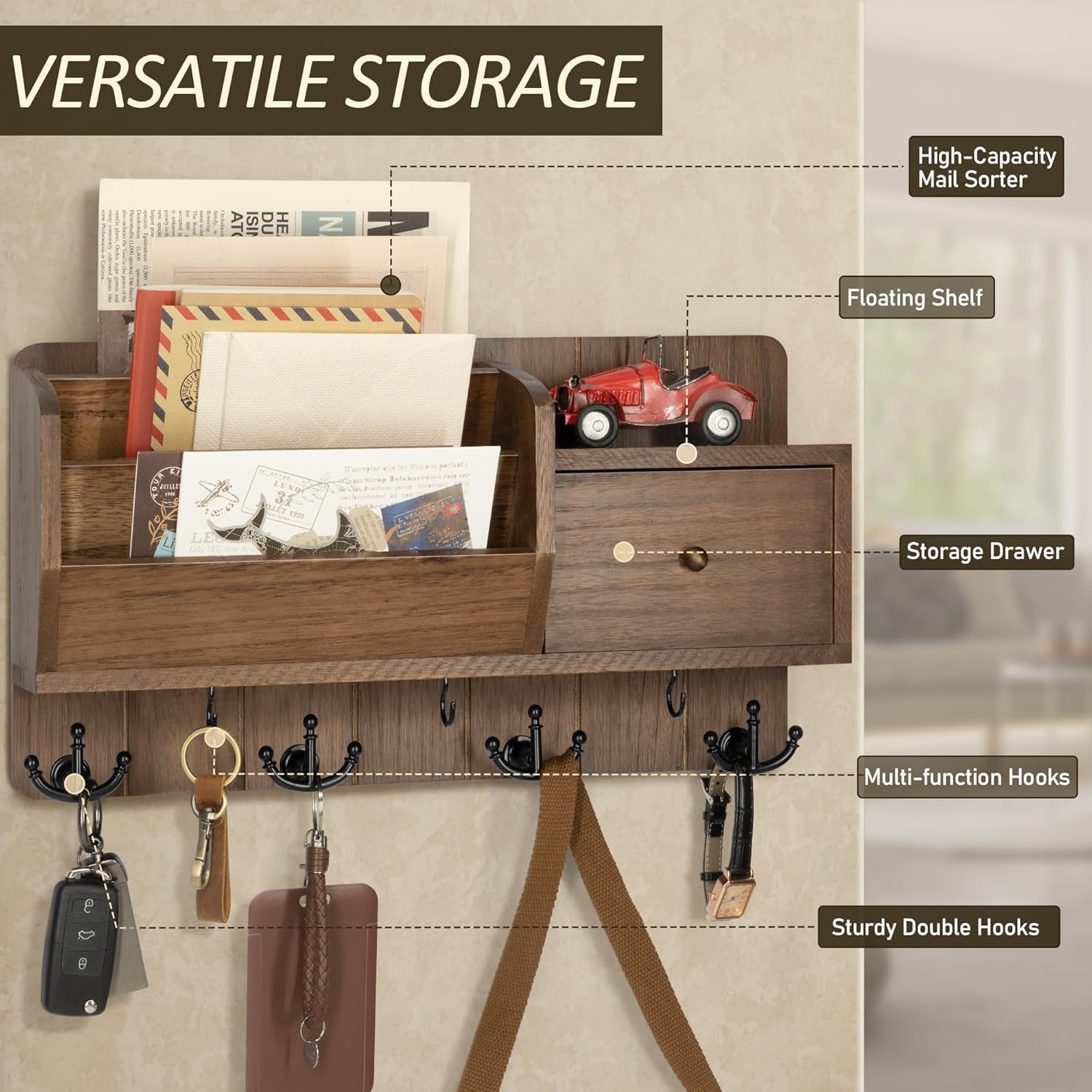 Storage Hooks and Drawer for Modern / Brown