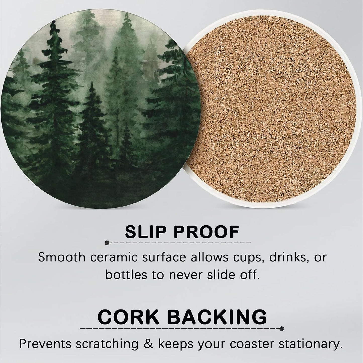 Holder / Absorbent Round Ceramic Coaster for Tabletop / Watercolor Landscape Pine Forest / Set of 6