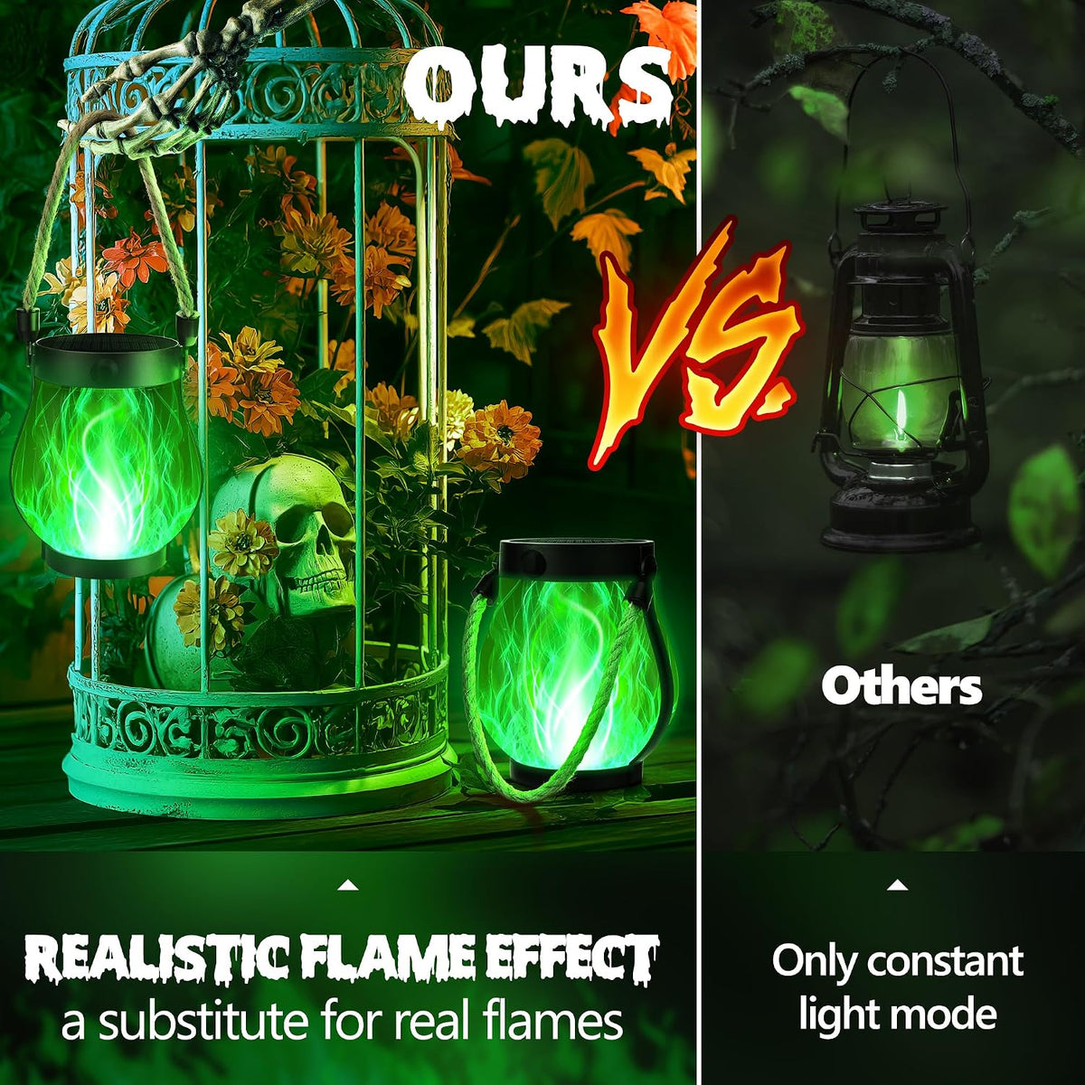 iBaycon 2 Pack Gen2 Solar Lantern Lights USB Halloween Flame Lamp, Green | Solar Garden Lights with Solar & USB-C Dual