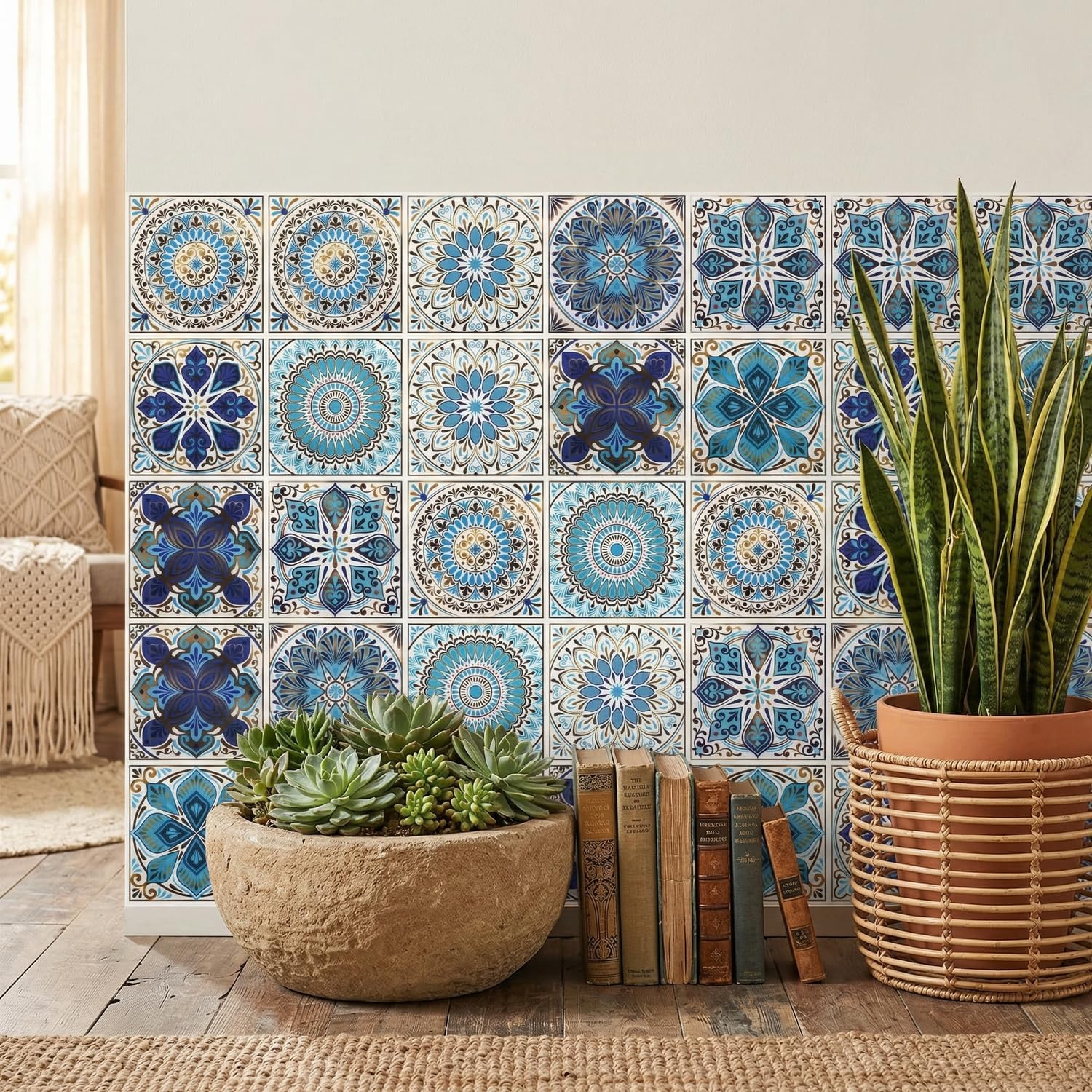 Gold Boho Mandala Peel and Stick Wall Stickers / Blue / 4 x 4 / Set of 30