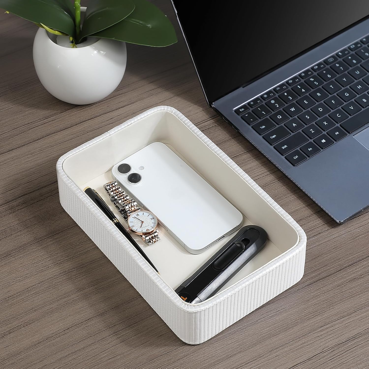 PU Leather Valet Tray Organizer / White / 9.5 x 5.9 x 2.2