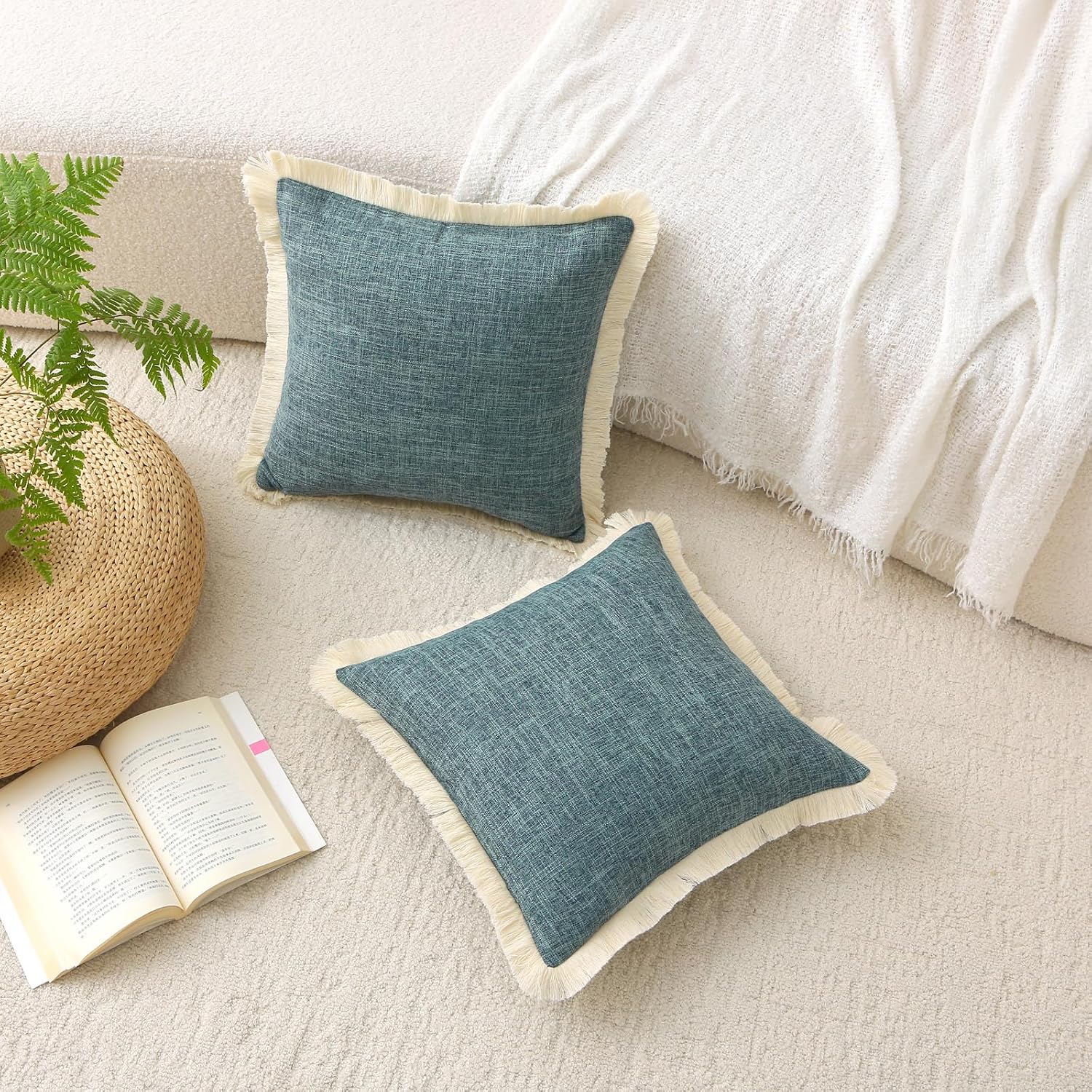Boho Decorative Throw Pillow Covers Tassels Rectangle Linen Lumbar / Gray Blue / 20 x 12 / Set of 2