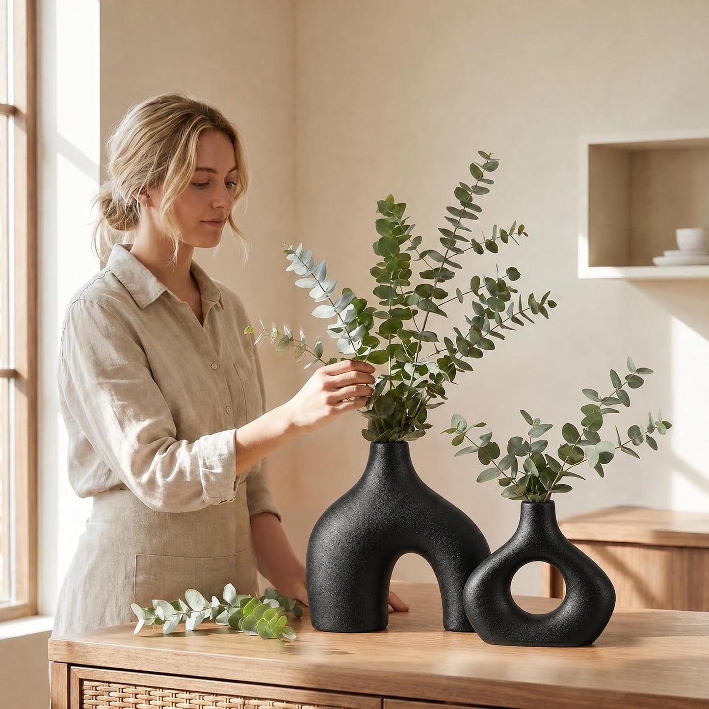 Black Ceramic Flower Vase Home Decor / Large Black / Set of 2