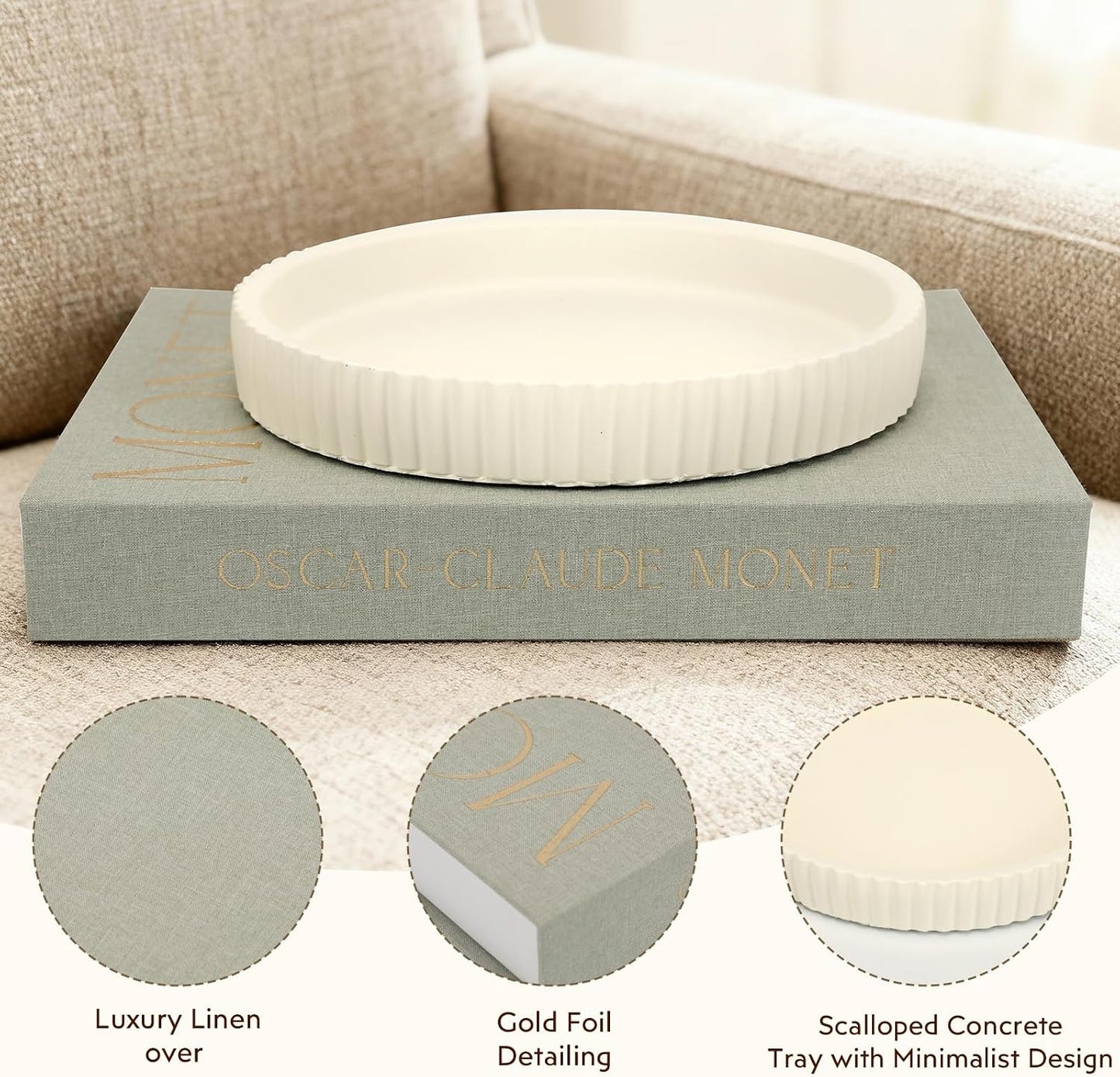 Home Decor Scalloped Tray & Linen Storage Box / Green+beige
