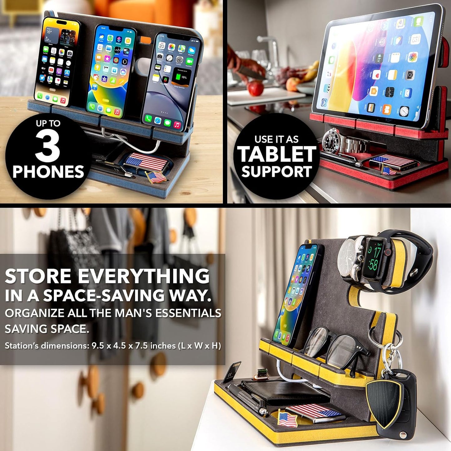 Personalized Wood Docking Station for Cell Phone, Tablet, Wallet, Gadgets, Keys, Accessories, Essentials Desk
