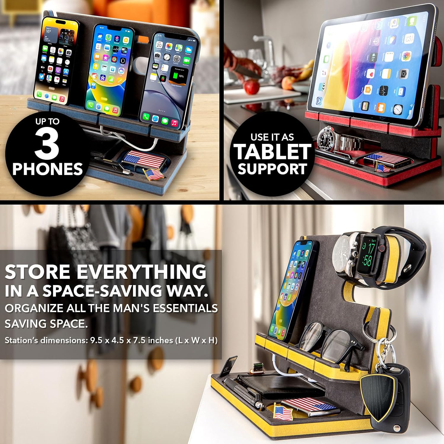 Personalized Wood Docking Station for Cell Phone, Tablet, Wallet, Gadgets, Keys, Accessories, Essentials Desk