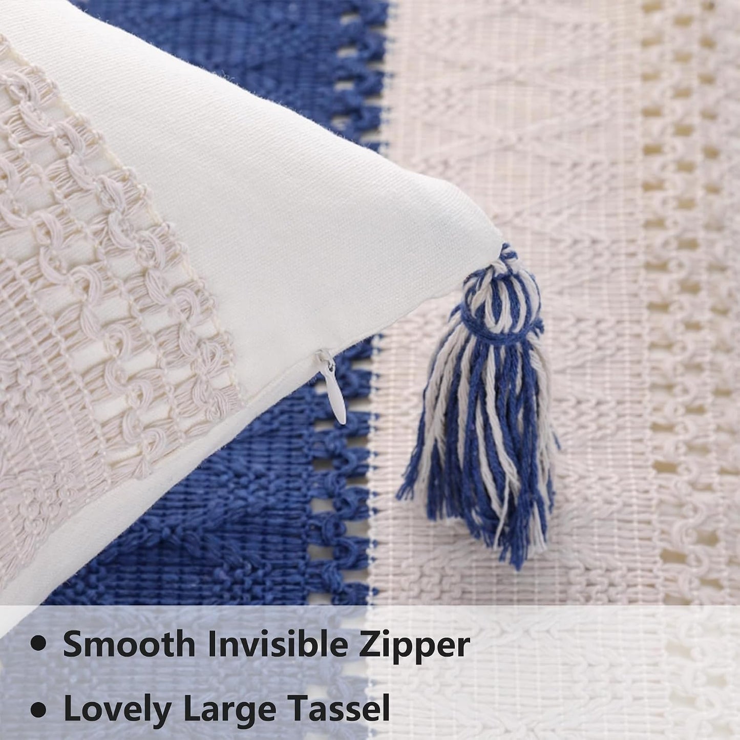 Tassels Boho Throw Pillow Covers Neutral Coastal / Navy Blue Single Stripe / 18 x 18 / Set of 2