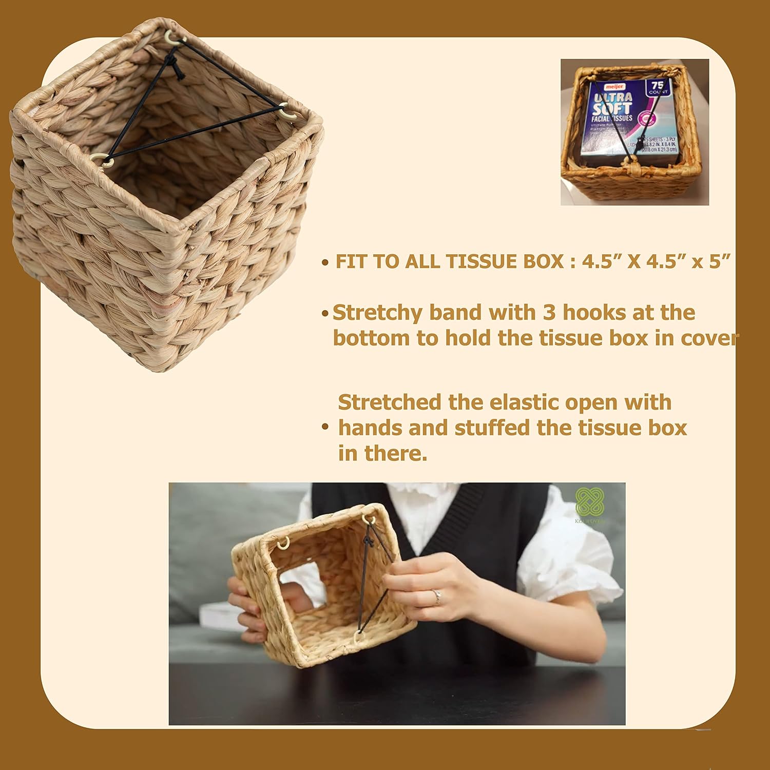 Rattan Wicker Tissues Cube Box Cover -Boho Decorative Woven Facial Tissue Holder / Square
