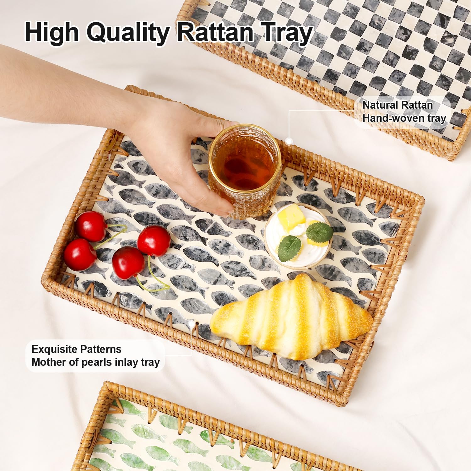 Rattan Serving Tray / Dark Blue Fish