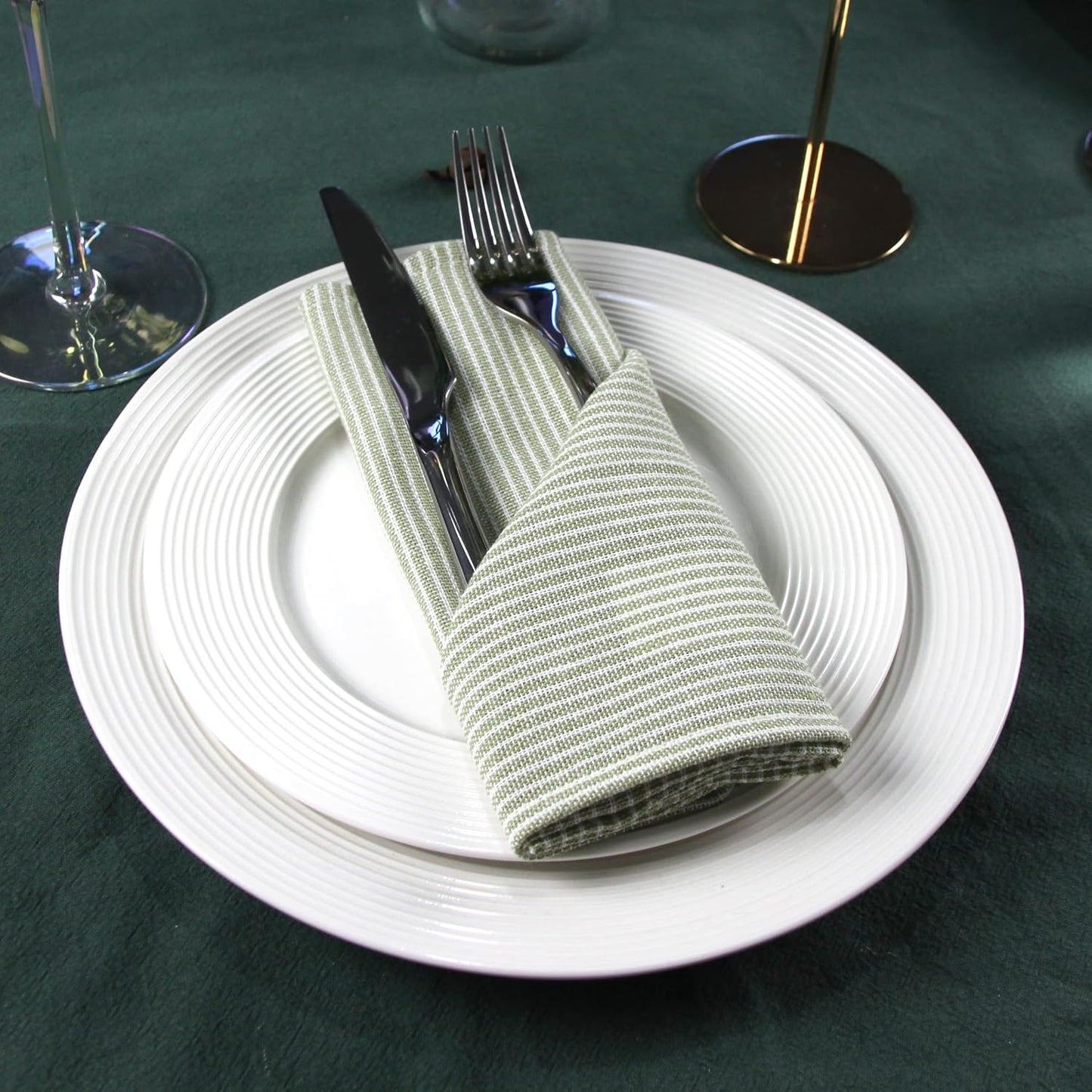 Narrow Striped Cotton Linen Blended Dinner Cloth Napkins - Set of 12 (40 x 40 cm) - for Christmas Parties Events & Home