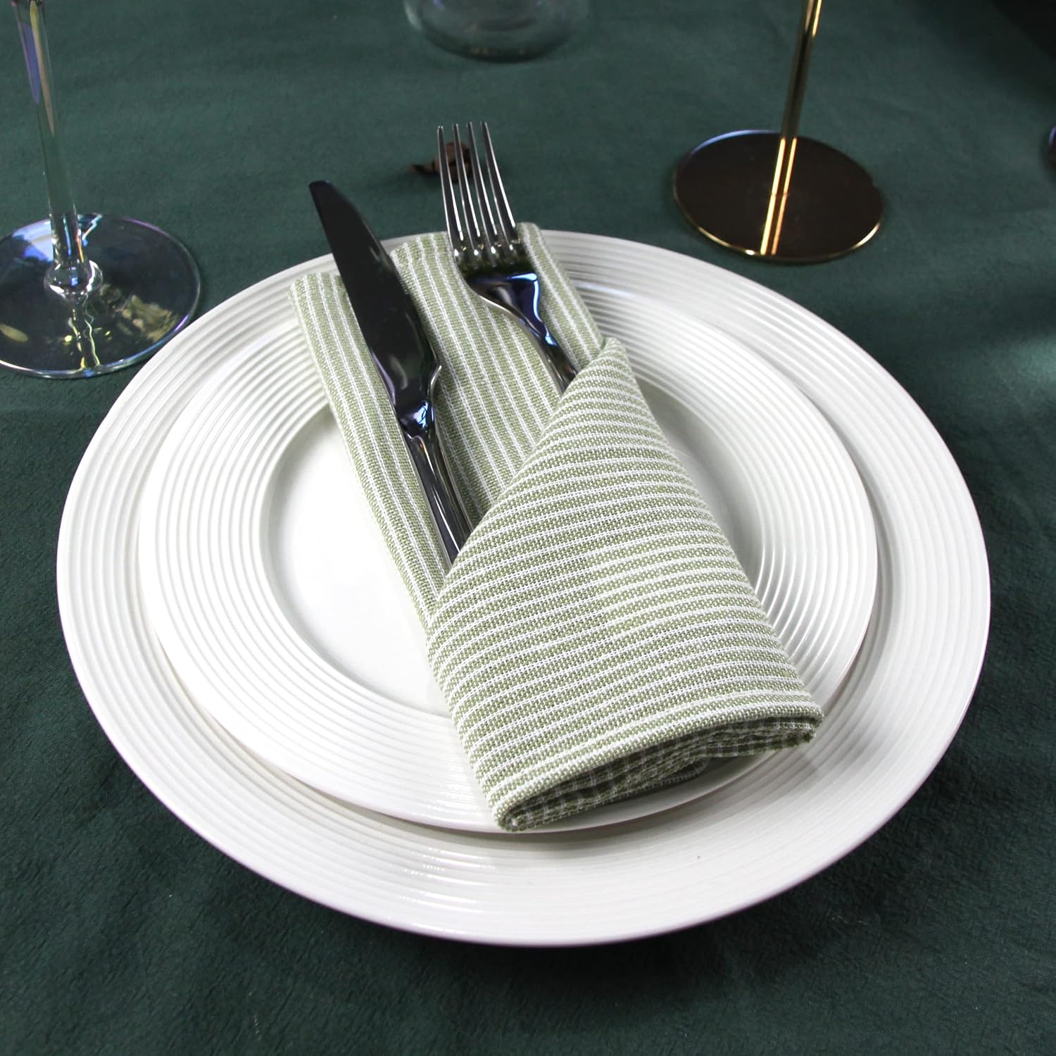 Narrow Striped Cotton Linen Blended Dinner Cloth Napkins - Set of 12 (40 x 40 cm) - for Christmas Parties Events & Home