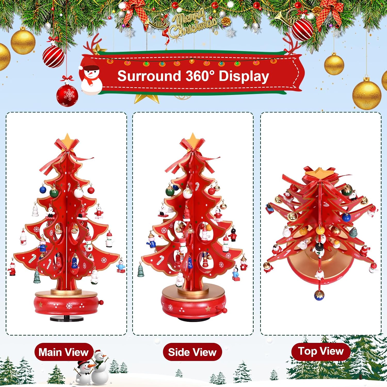 Uspring Christmas 24 Days Countdown Advent Calendar 2025, Musical Wooden Christmas Tree with Classic Music Box and 36