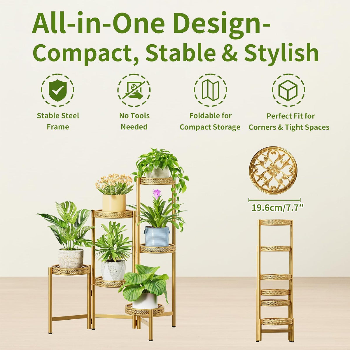 6 Tiered Plant Stand Indoor for Multiple Large Planter, Tall Heavy Duty Adjustable Folding Rack with Rustproof 7.9 Inch