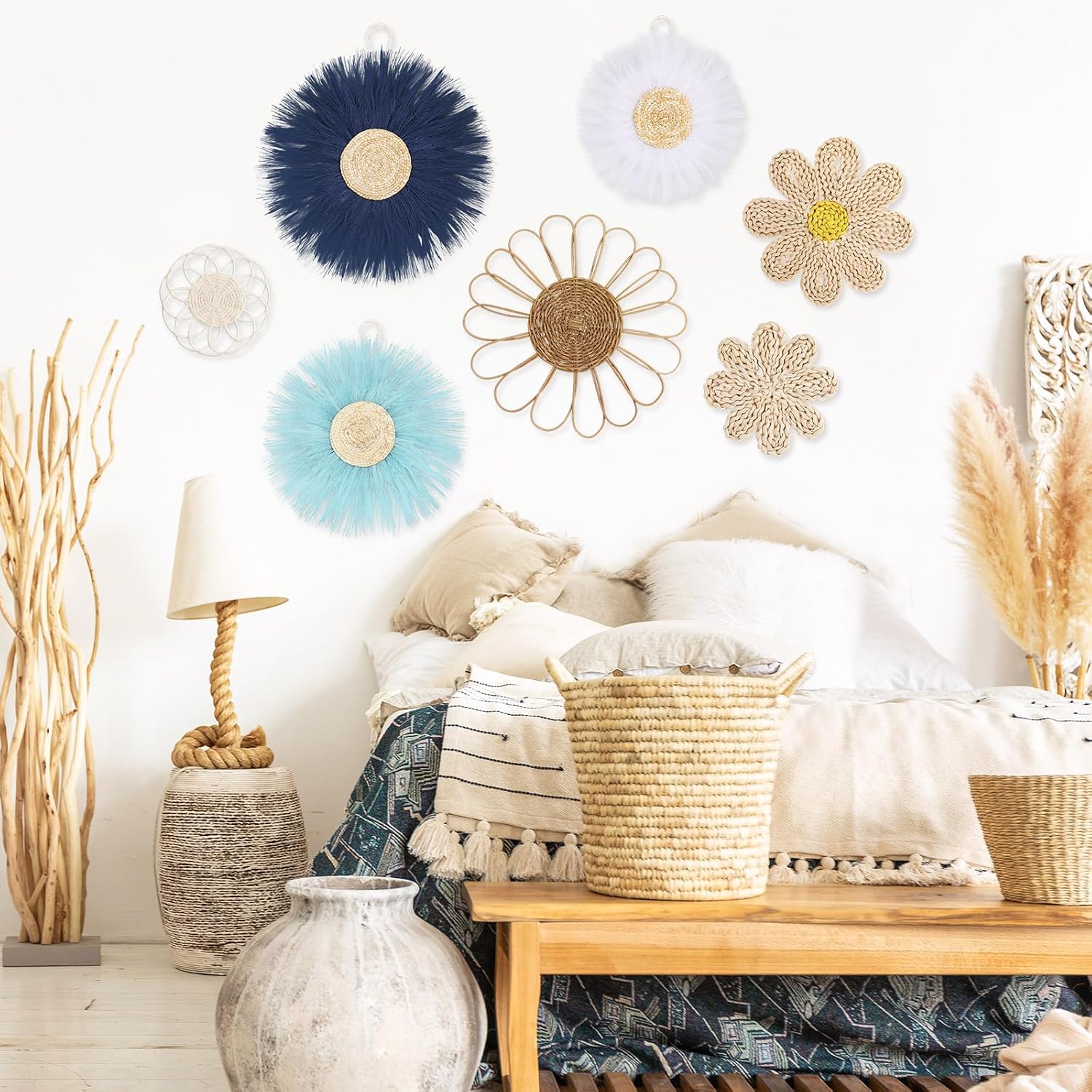Boho Wall Basket Decor Rattan Flower Wall Decor Nursery Daisy Flower Woven Macrame / Blue / Set of 7