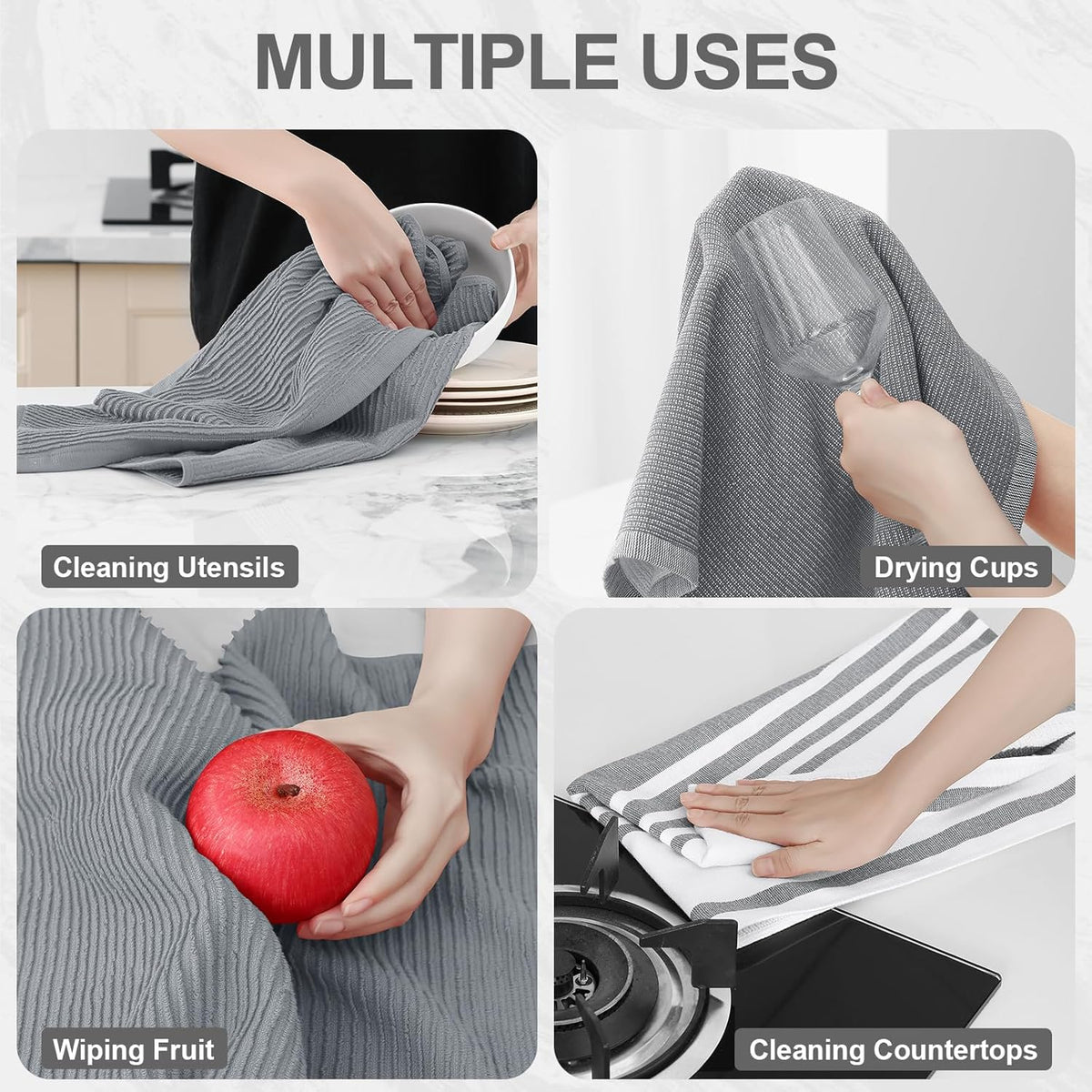Homaxy Cotton 380 GSM Premium Kitchen Towels, 18"x 28", 12 Pack, Grey | Soft and Absorbent Terry Dish Towels