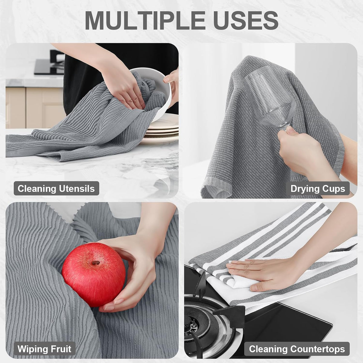 Homaxy Cotton 380 GSM Premium Kitchen Towels, 18"x 28", 9 Pack, Grey | Soft and Absorbent Terry Dish Towels