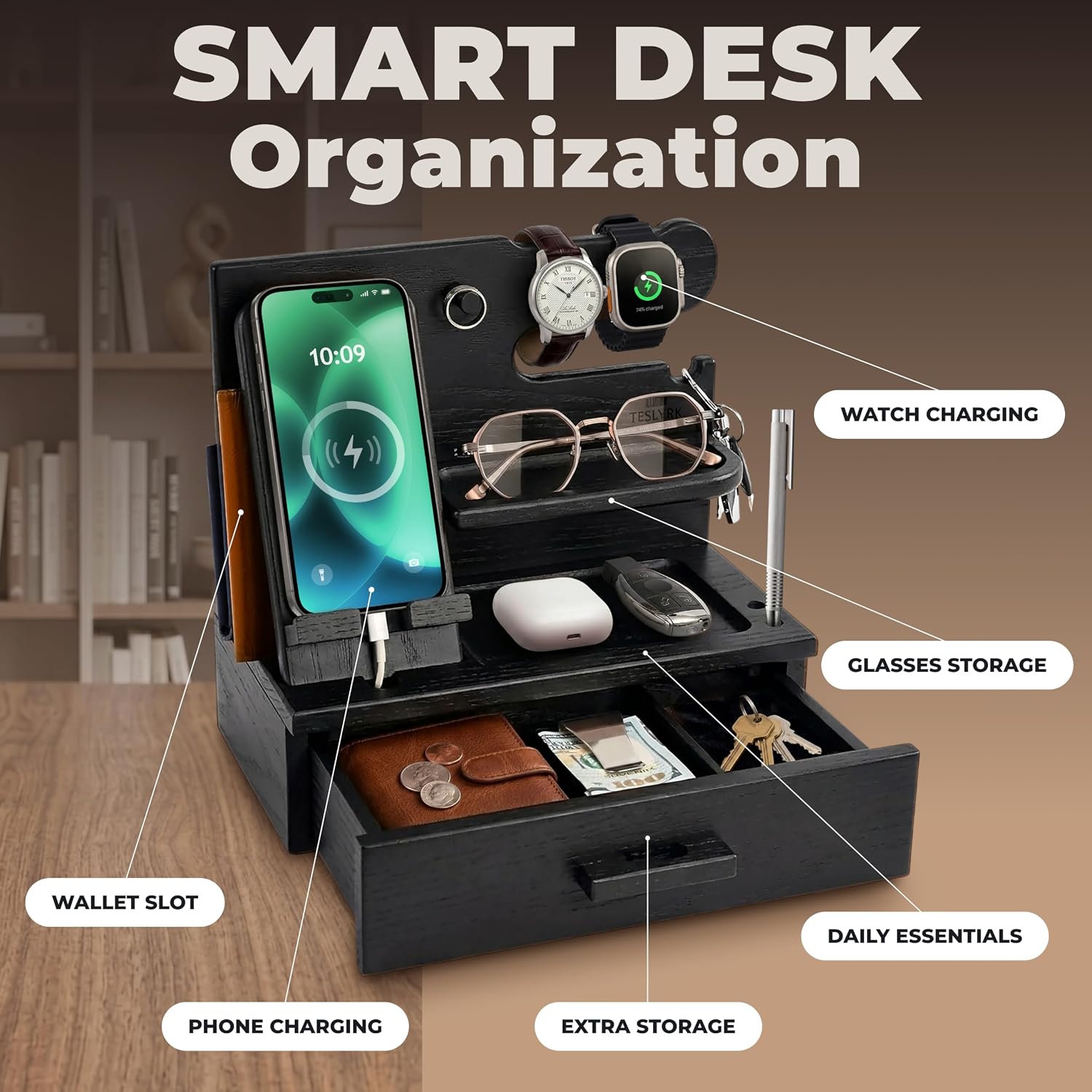 TESLYAR Wood Phone Docking Station with Drawer - Nightstand Organizer - Desk Organizer for Husband - Birthday Gifts for