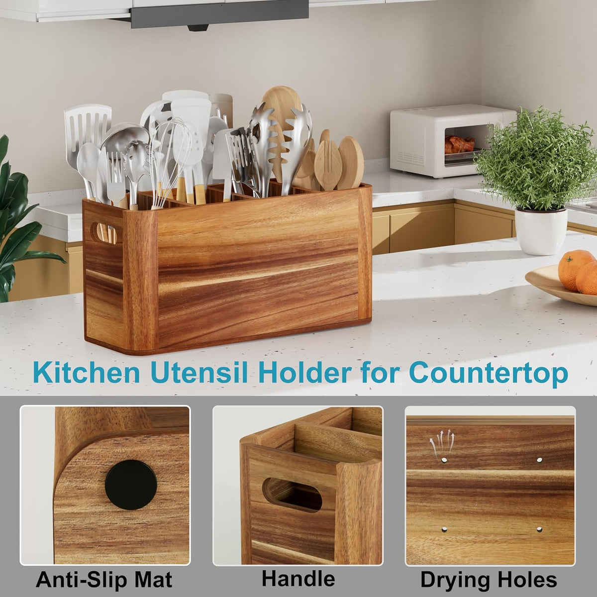 Utensil Holder for Kitchen Counter, Extra Large Utensil Holder for Countertop with 4 Compartments Wooden Cooking