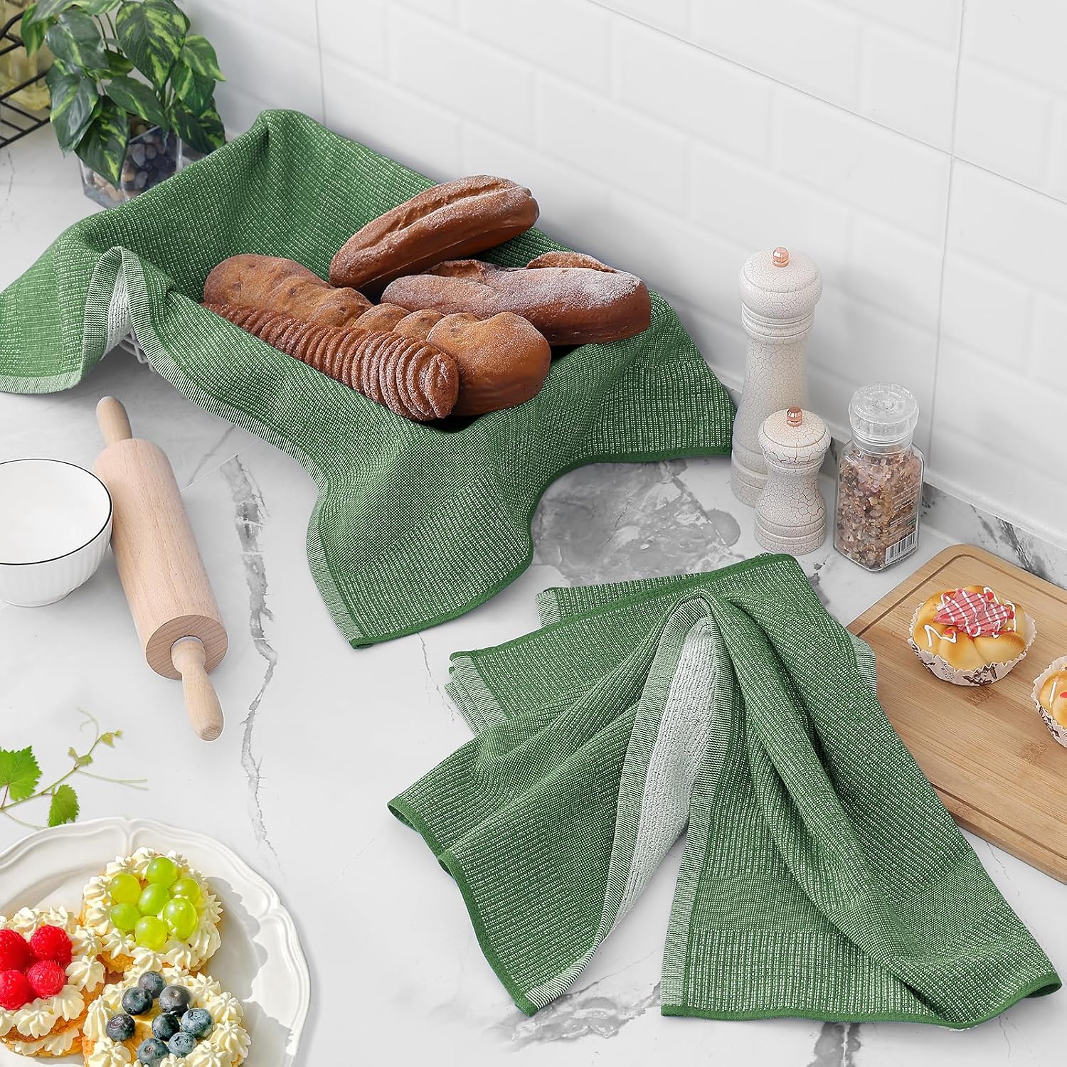 Homaxy 380 GSM Cotton Premium Kitchen Towels 6 Pack, 18"x 28", Grass Green | Flat and Terry Dish Towels, Highly