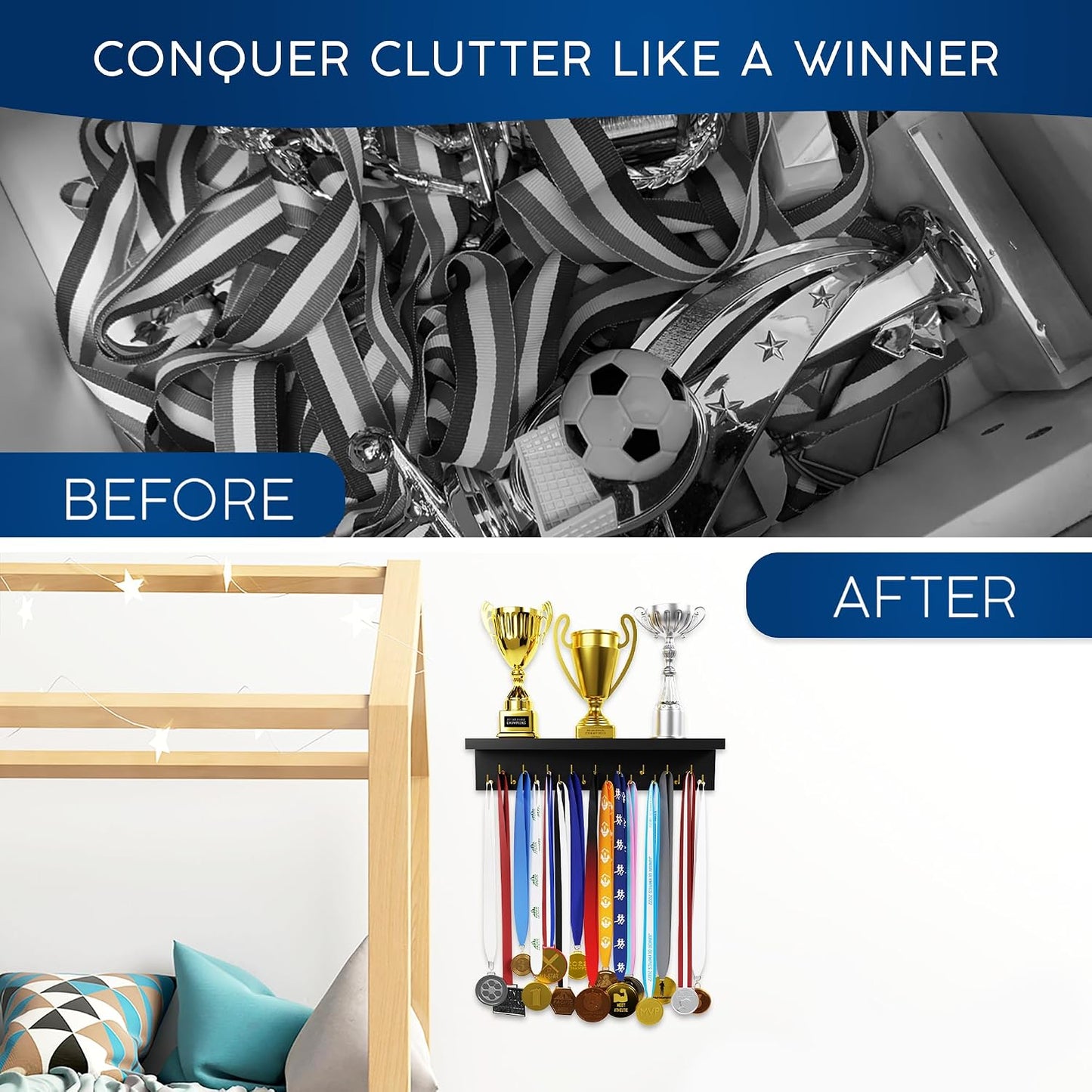EVERMORE Medal Hanger Display and Trophy Shelf with Hooks - Wooden Medal Holder for Wall Mount Ribbon Display, Trophy