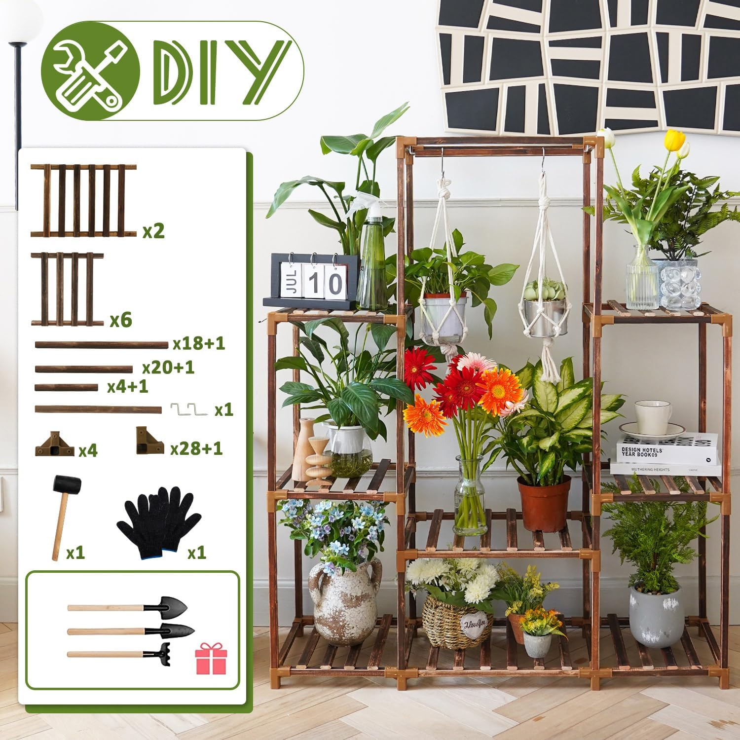 Plant Stand Indoor Outdoor, 8 Tiered Plant Shelf Wood Plant Rack | Tall Plant Holder for Multiple Plants, Large Ladder
