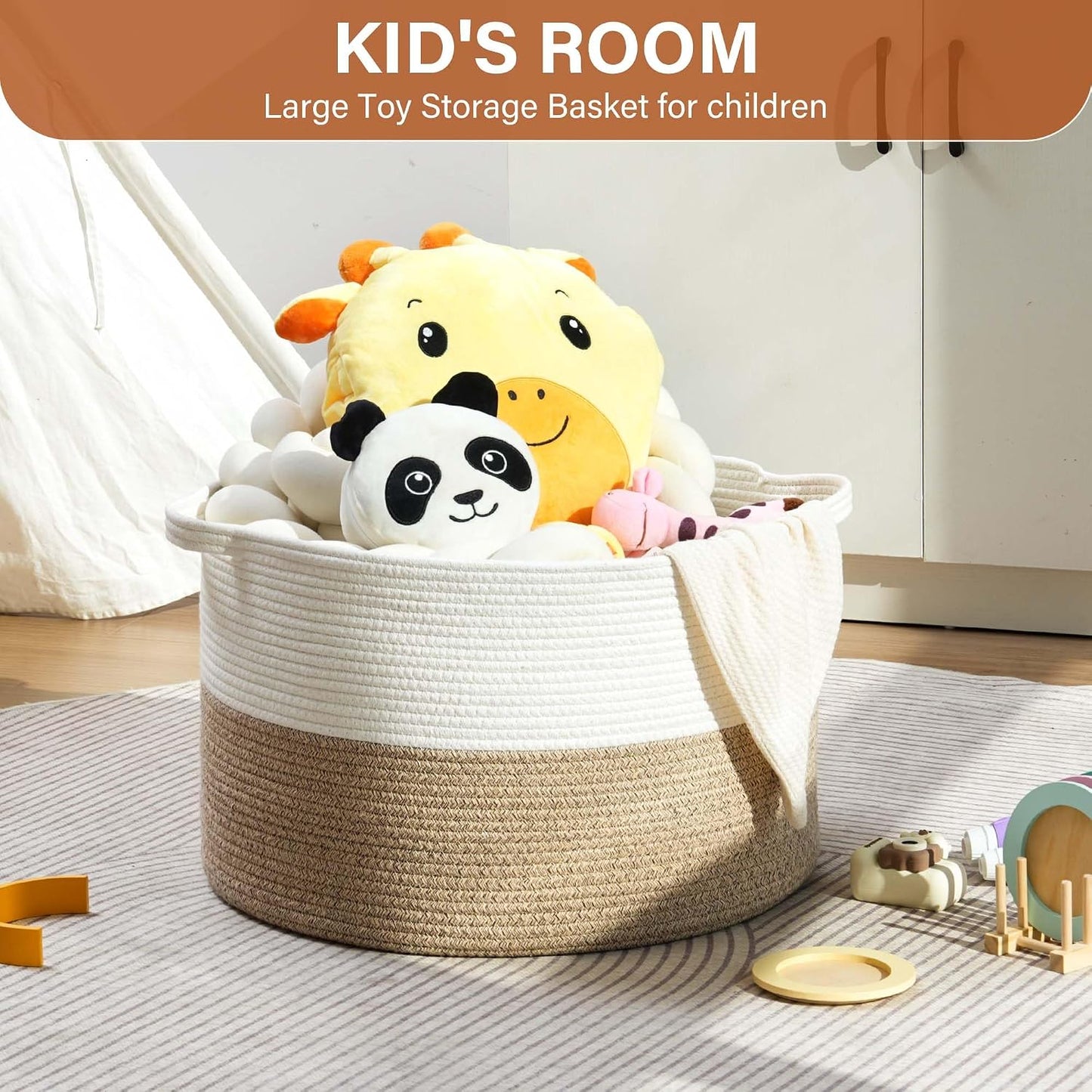 Collapsible Handle Cotton Rope Soft Woven Fabric Storage Organizer Clothes / White & Brown / 65L