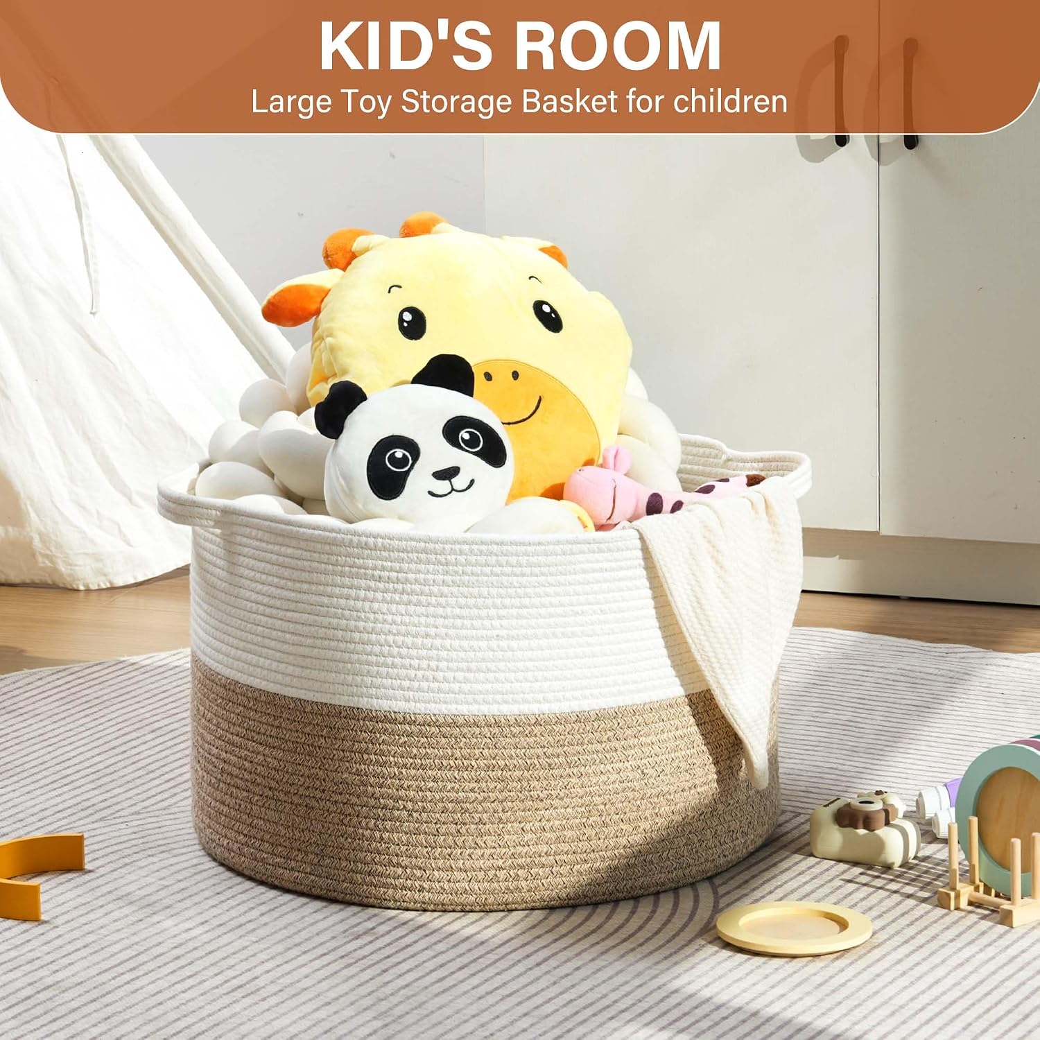 Collapsible Handle Cotton Rope Soft Woven Fabric Storage Organizer Clothes / White & Brown / 65L