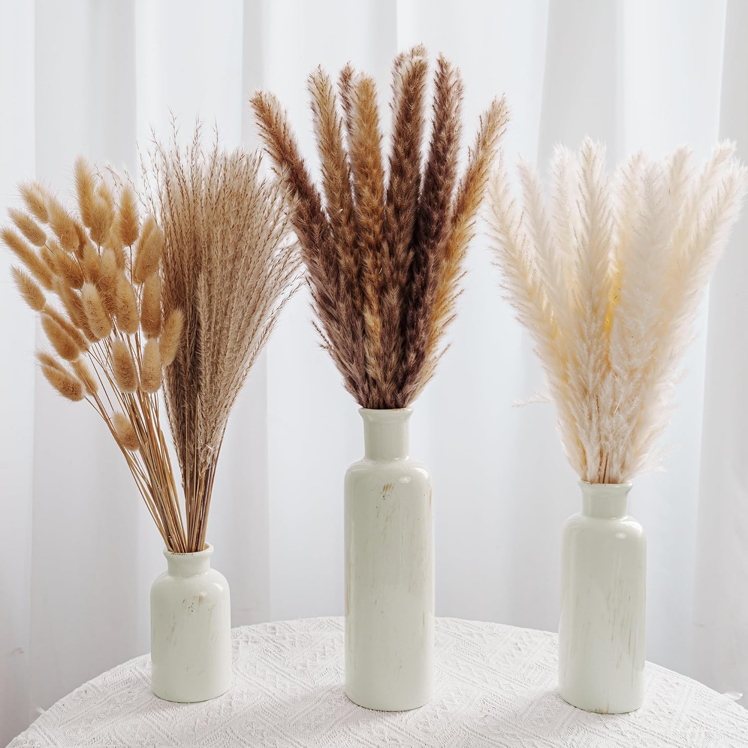 3 White Ceramic Vases / Beige