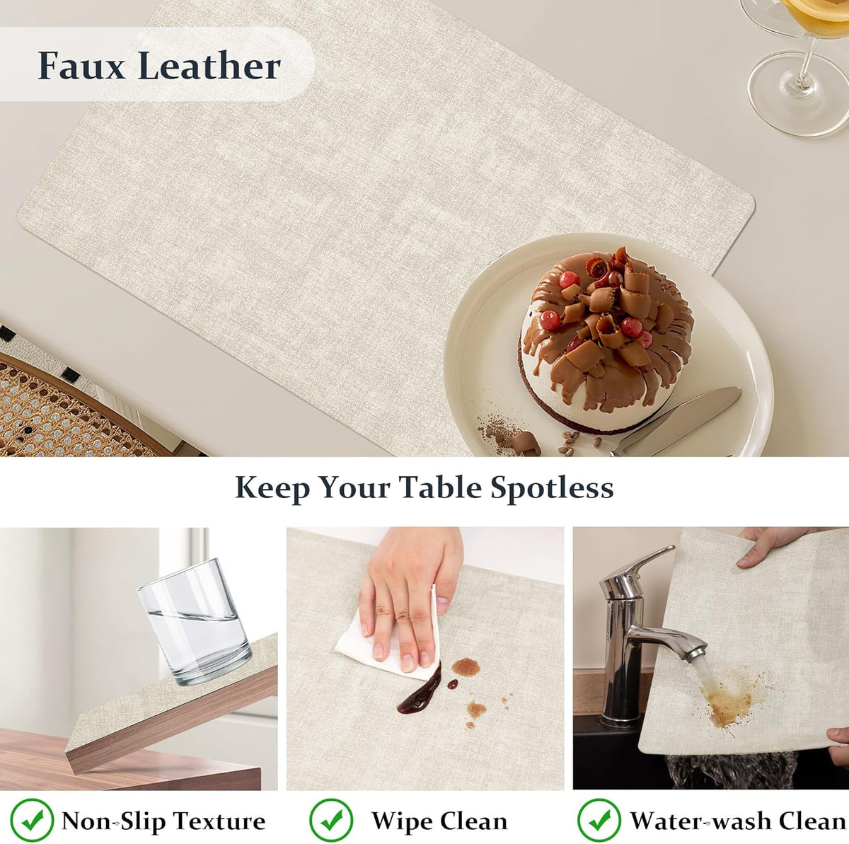 FROMHEART Faux Leather PU Placemats Set of 8 (Beige,11.8" x 17") | Waterproof,Heat/Oil Stain-Resistant Table