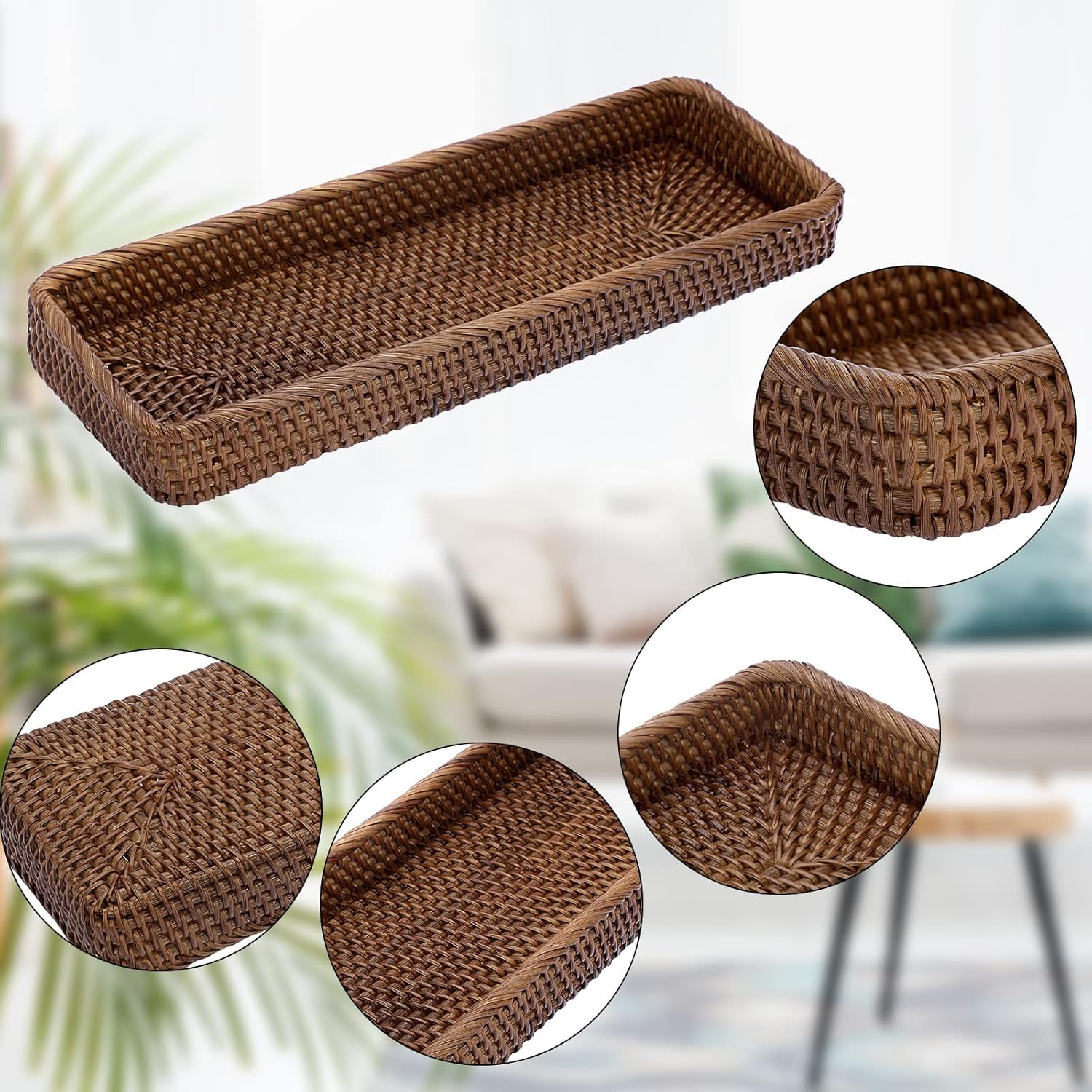 Rattan Bathroom Vanity Tray / Brown / 16 x 6.5 x 1.8