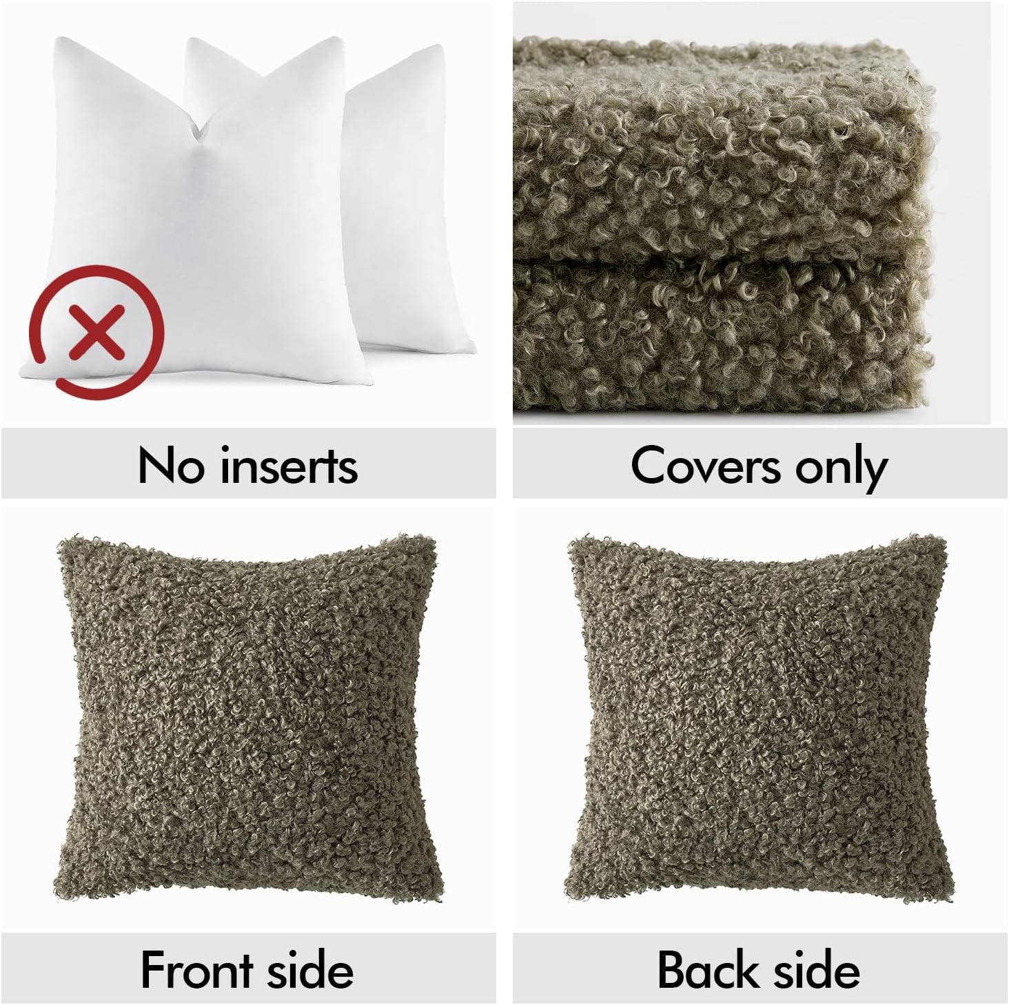 Teddy Faux Fur Throw Pillow Covers Soft Fuzzy Sherpa Sheepskin / Olive Green / 18 x 18 / Set of 2