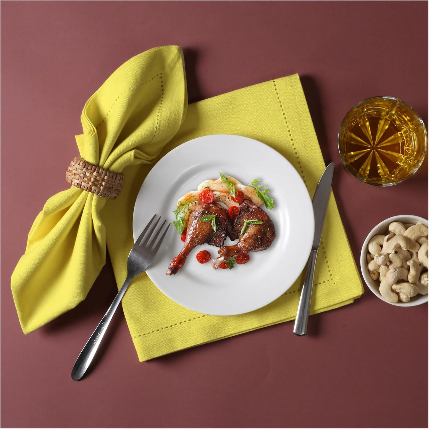 Bedding Craft Hemstitched Cotton Cloth Dinner Napkins Set of 12 – 18x18 Golden Kiwi – Reusable Machine Washable Fabric