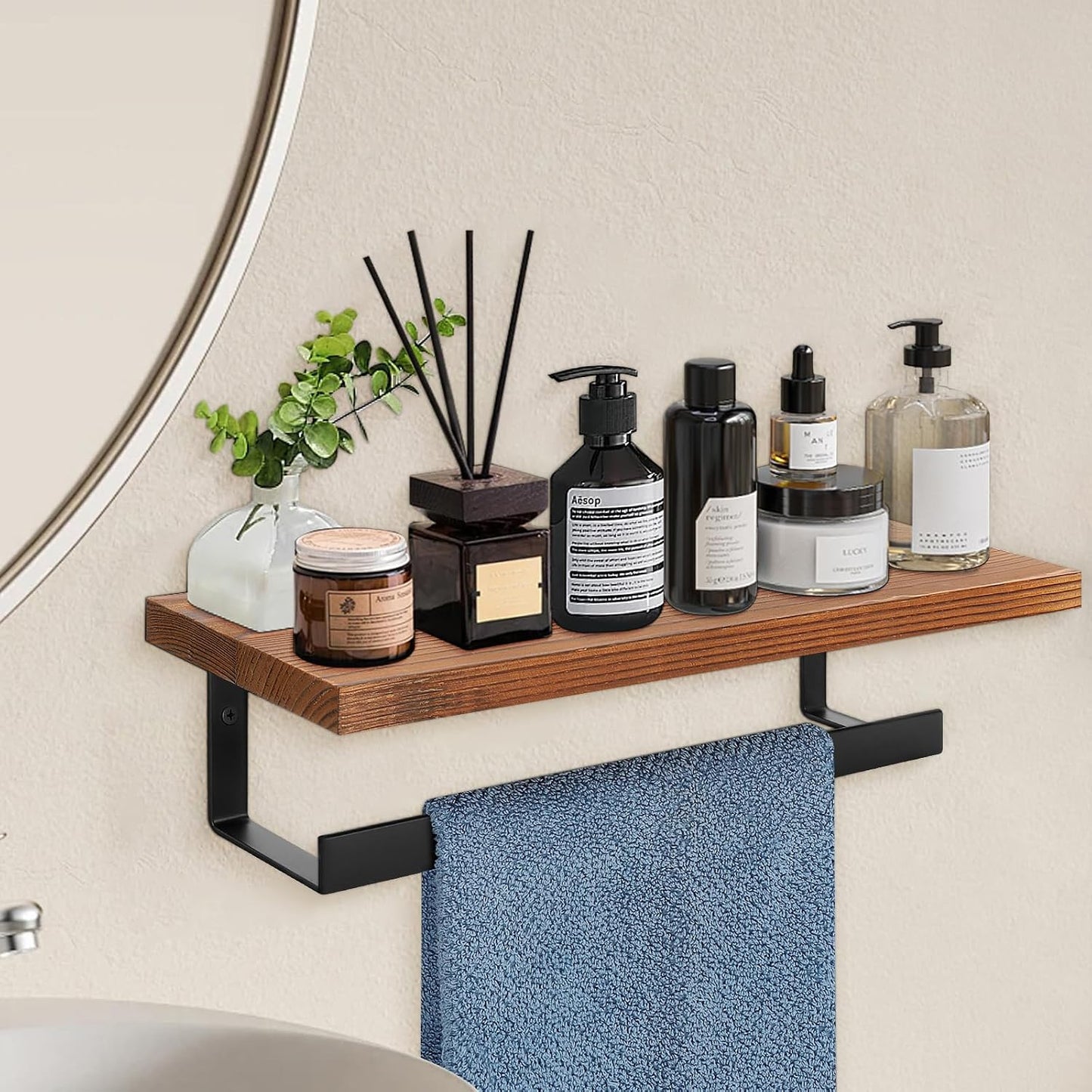 Hand Towel Holder/Towel Ring with Wooden Shelf, Hand Towel Rack, Hand Towel Hanger for Bathroom, Bath Accessories Wall