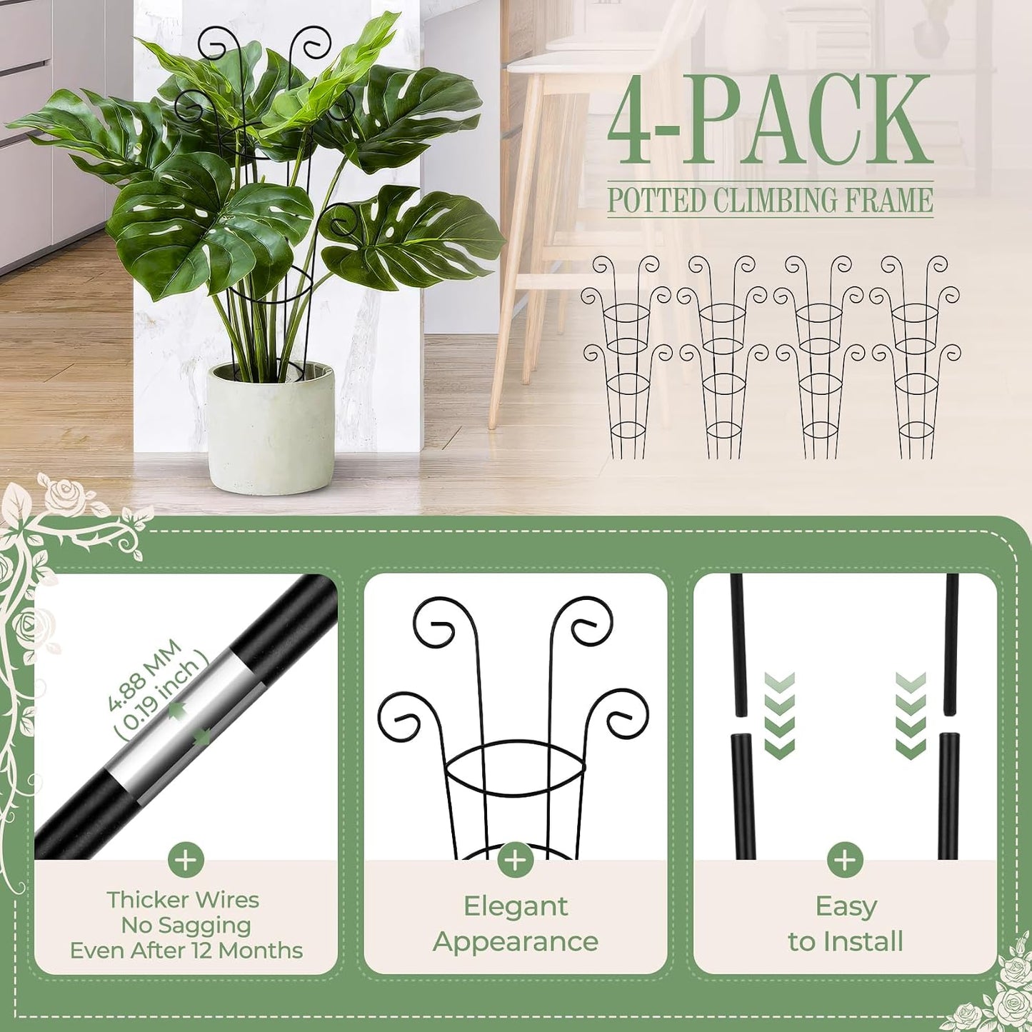 4 Pack 30 Inch Tall Metal Plant Trellis for Climbing Plants Indoor - Rustproof Garden Trellis for Potted Houseplants