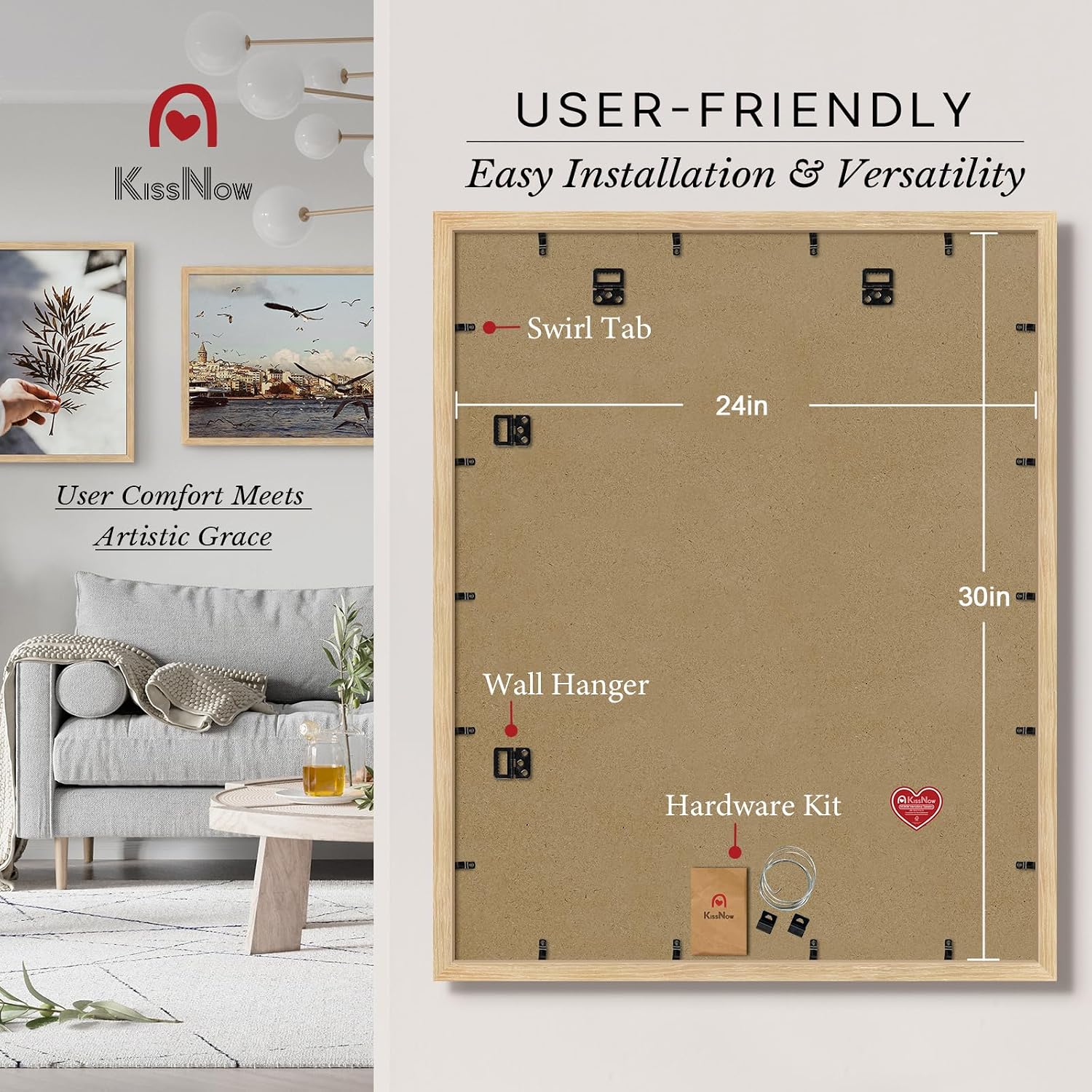 24x30 Picture Frame, Oak Solid Wood, 2 Pack, Wall Hanging for Art | Thick & Wide Border, HD Plexiglass, Horizontal or