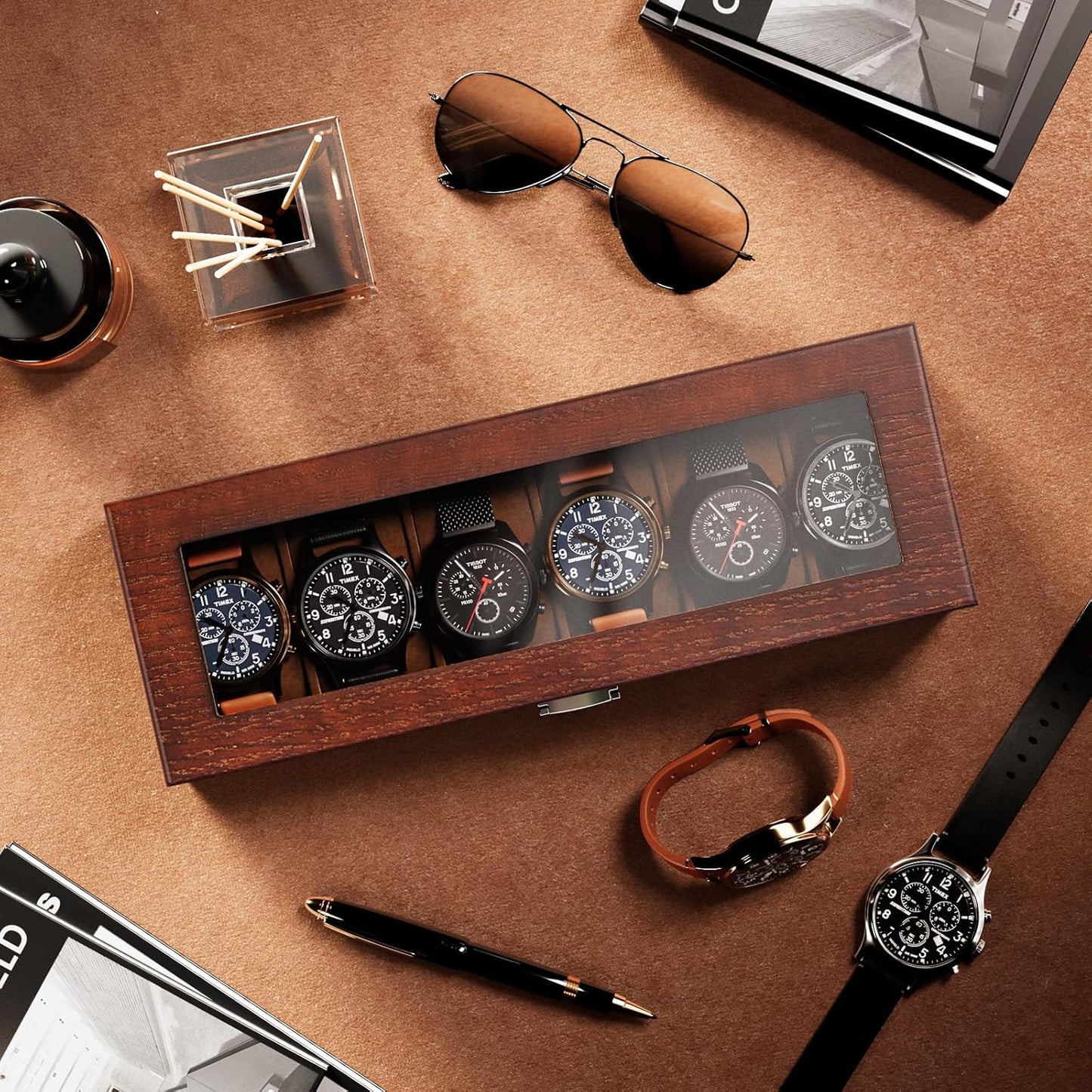 ProCase Wooden Watch Box, 6 Slot Mens Watch Display Case, Espresso | Wood Watches Holder Storage Organizer with Clear