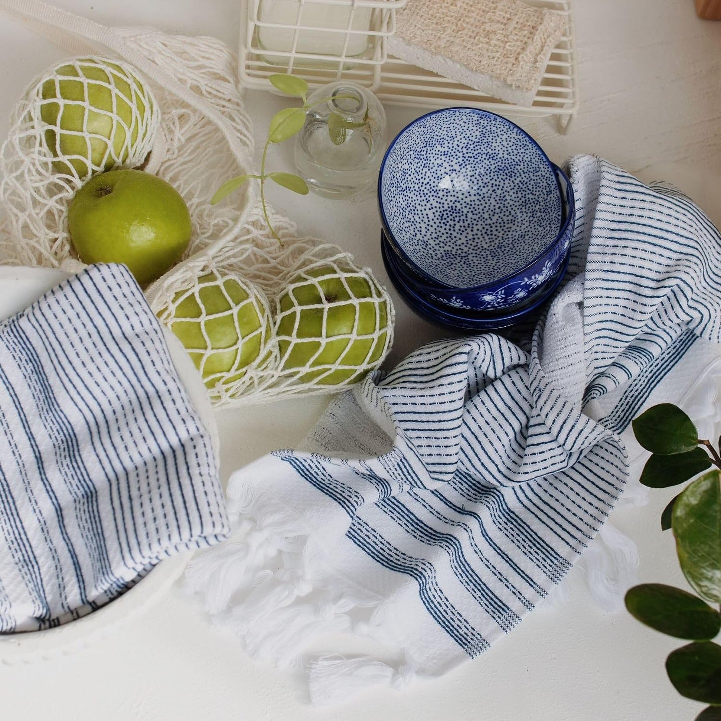 Tabea Turkish Cotton Hand Towels Set of 2 – Decorative Kitchen & Bathroom Towels with Woven Front and Terry Backing